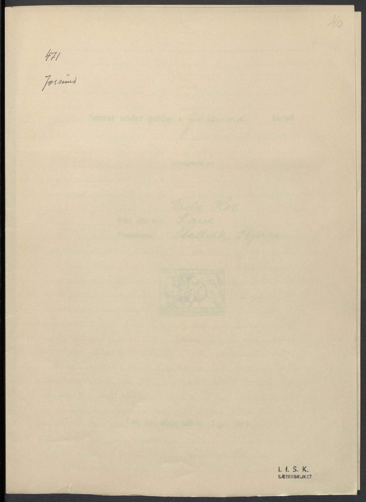 Instituttet for sammenlignende kulturforskning, RA/PA-0424/F/Fc/L0013/0003: Eske B13: / Sør-Trøndelag (perm XXXVII), 1933-1936, p. 40