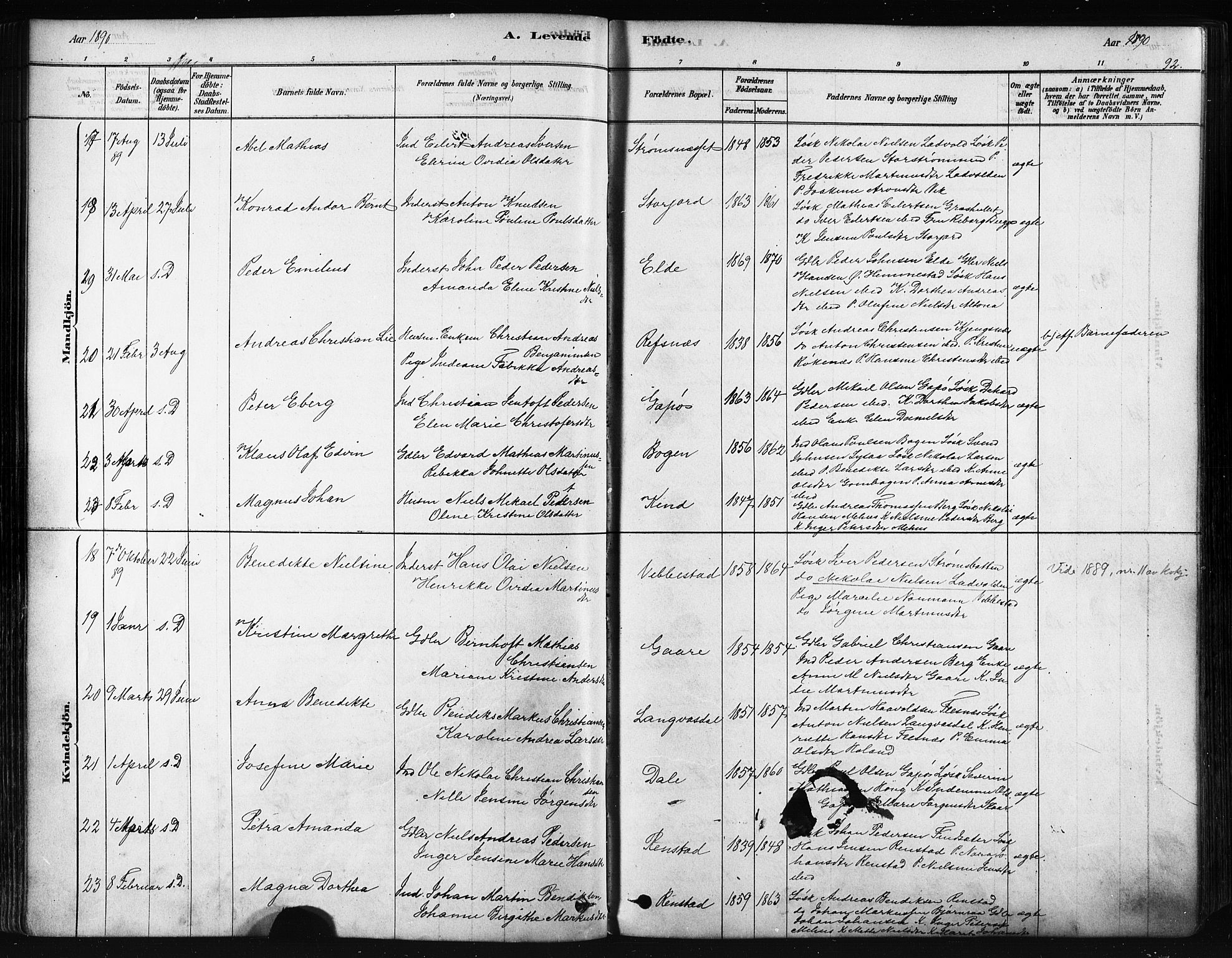 Kvæfjord sokneprestkontor, AV/SATØ-S-1323/G/Ga/Gaa/L0005kirke: Parish register (official) no. 5, 1878-1894, p. 92