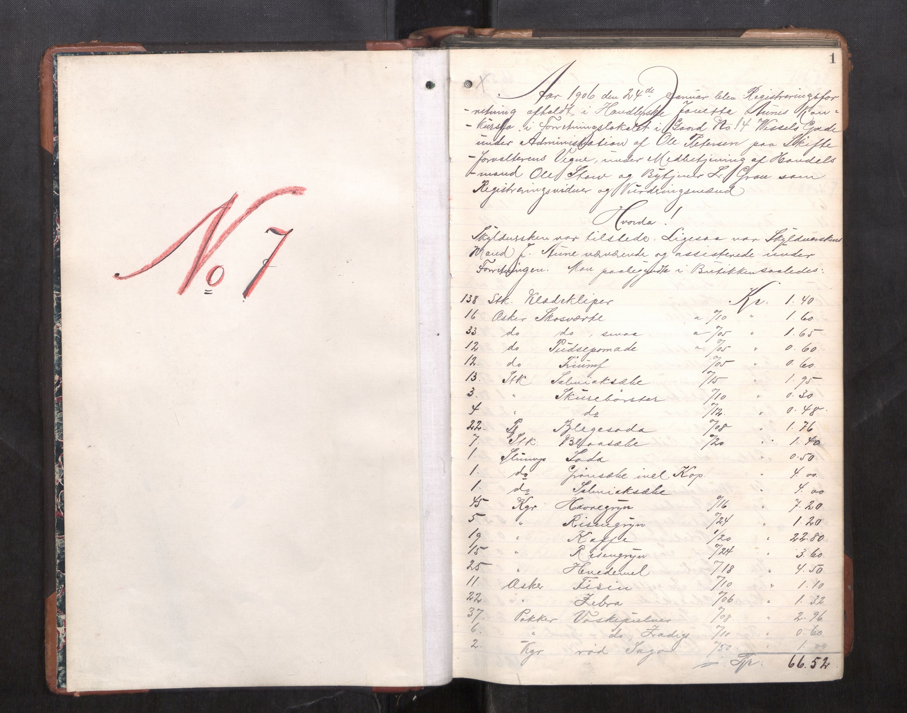 Trondheim byfogd, AV/SAT-A-0003/1/3/3C/L0025: Skifteregistreringsprotokoll - 24/1-14/7. (u/ register), 1906-1909, p. 1