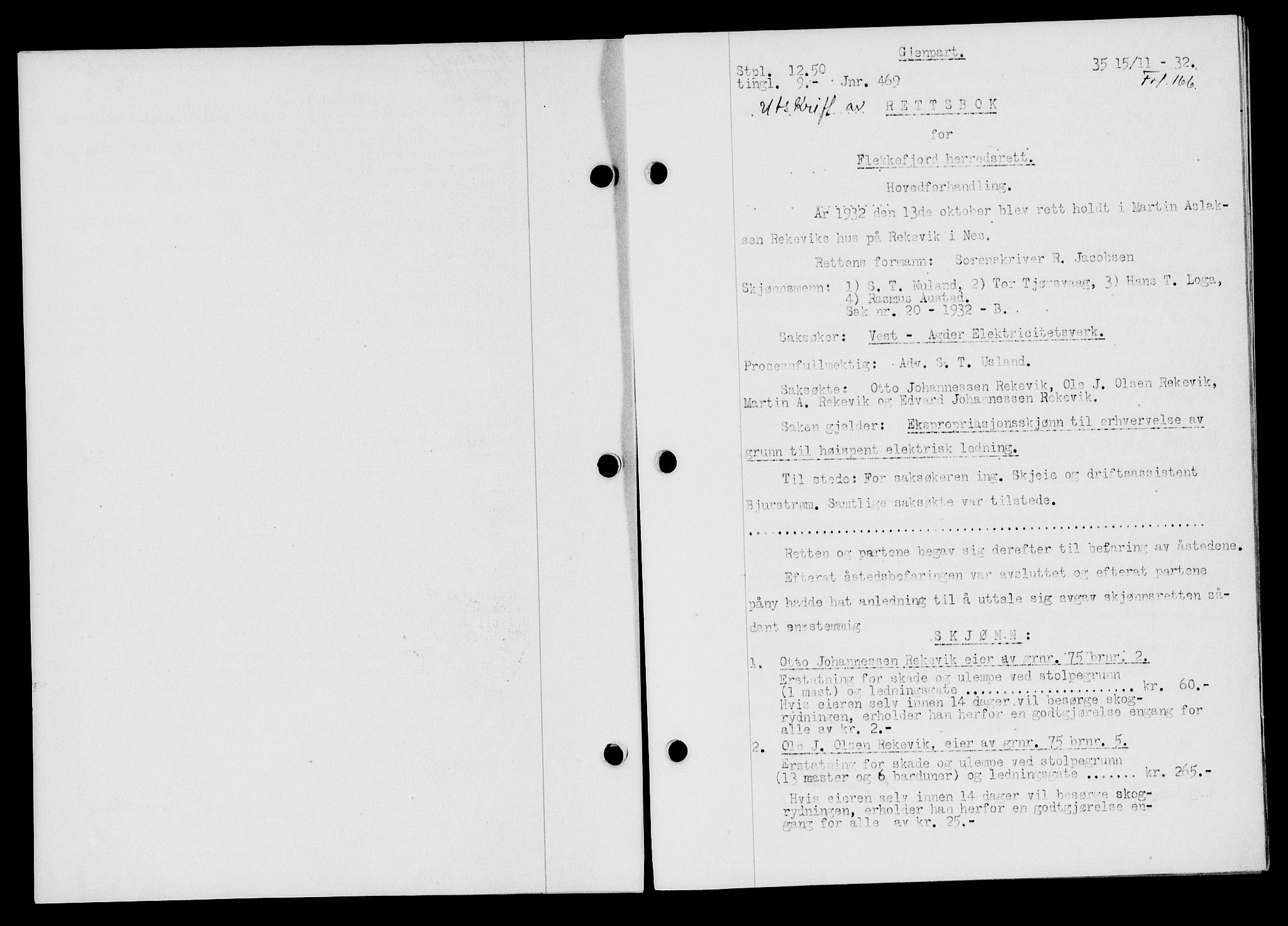 Flekkefjord sorenskriveri, SAK/1221-0001/G/Gb/Gba/L0047: Mortgage book no. 45, 1931-1932, Deed date: 15.11.1932