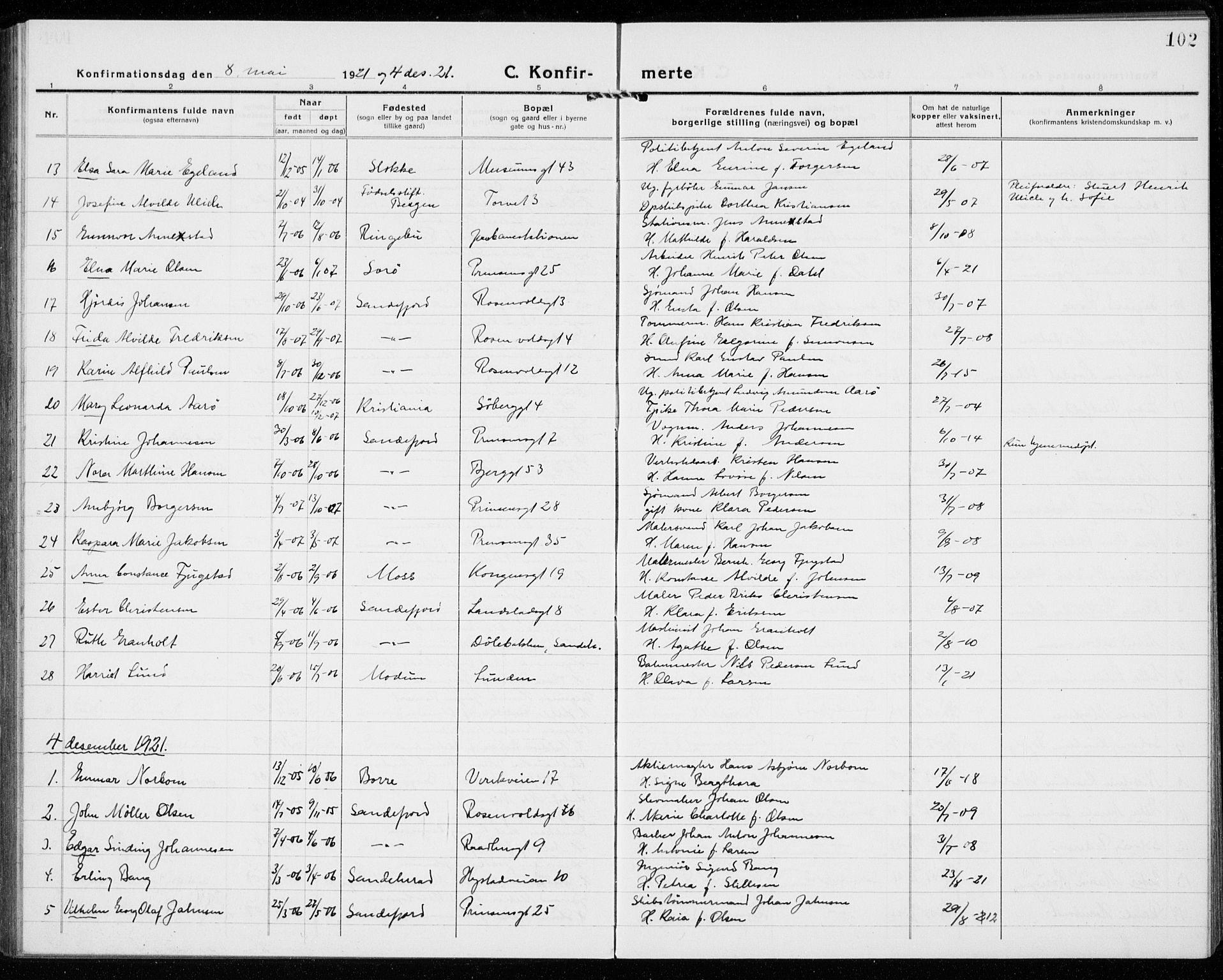 Sandefjord kirkebøker, AV/SAKO-A-315/G/Ga/L0004: Parish register (copy) no. 4, 1920-1931, p. 102