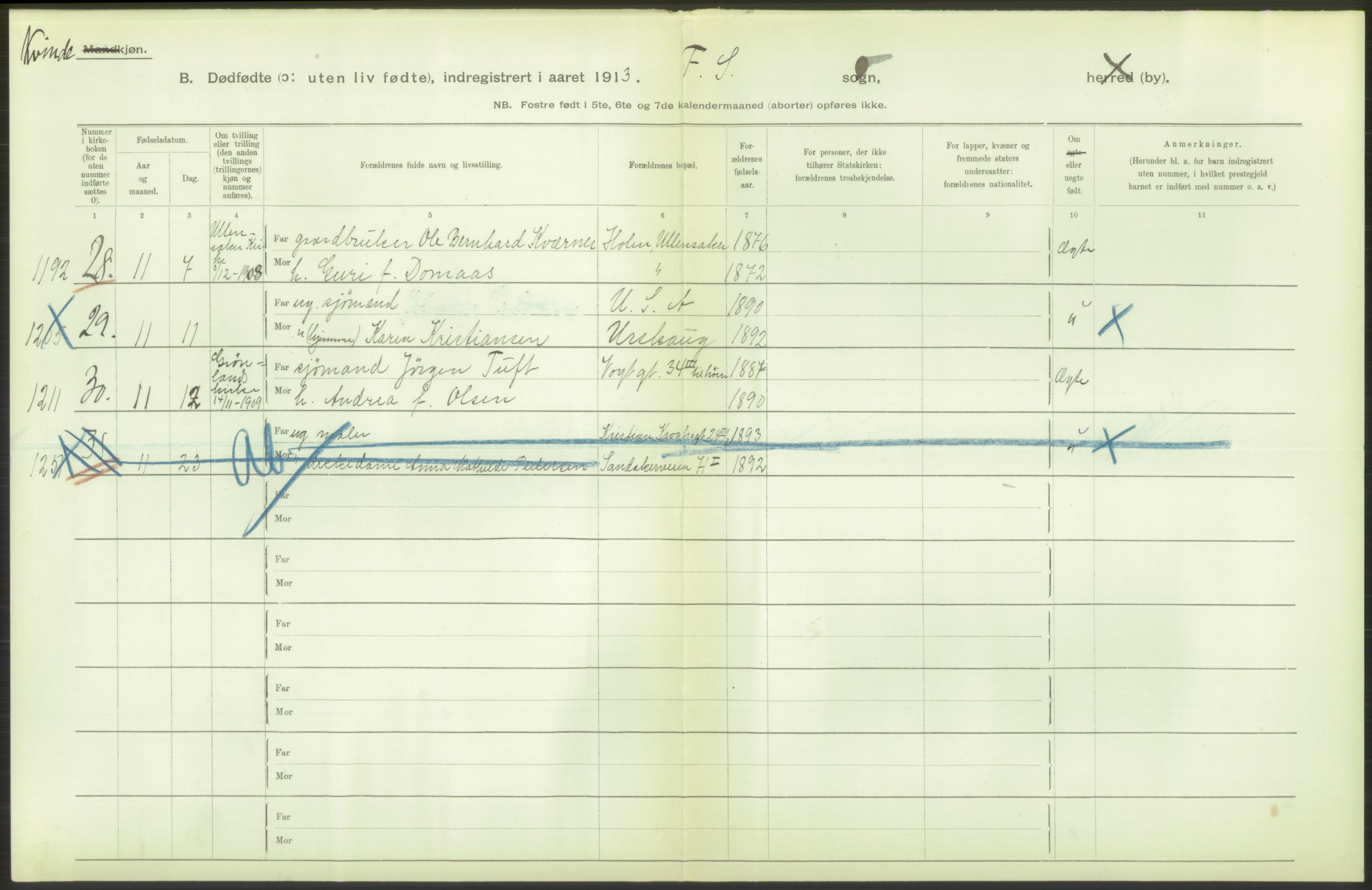 Statistisk sentralbyrå, Sosiodemografiske emner, Befolkning, AV/RA-S-2228/D/Df/Dfb/Dfbc/L0010: Kristiania: Døde, dødfødte., 1913, p. 38