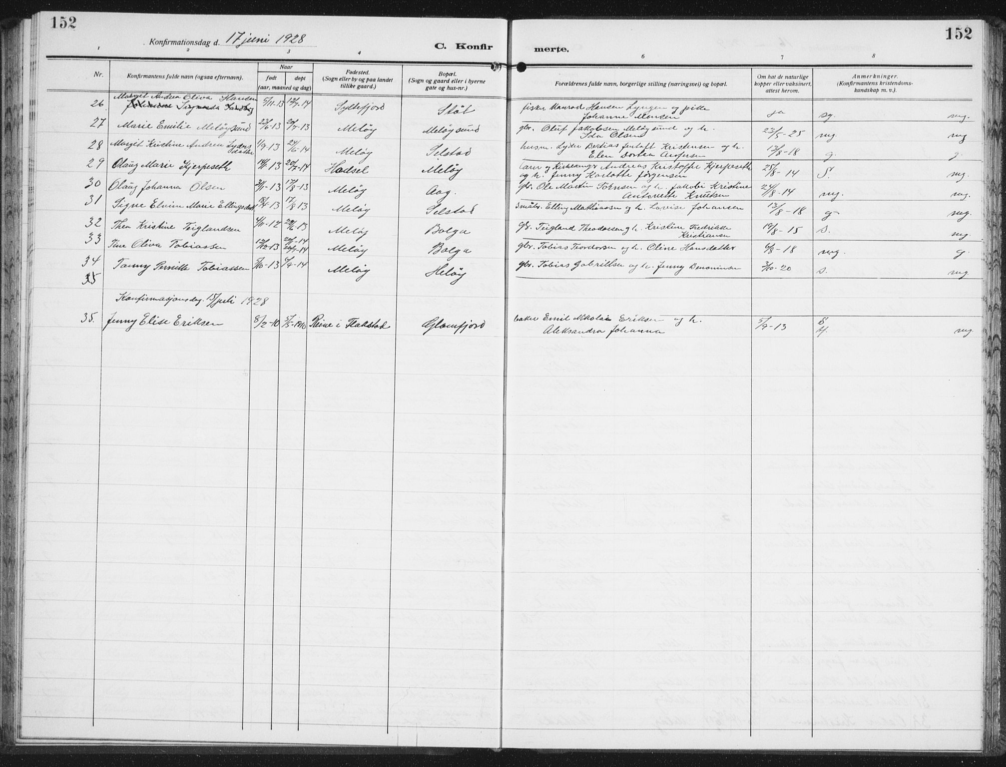 Ministerialprotokoller, klokkerbøker og fødselsregistre - Nordland, AV/SAT-A-1459/843/L0640: Parish register (copy) no. 843C09, 1925-1941, p. 152