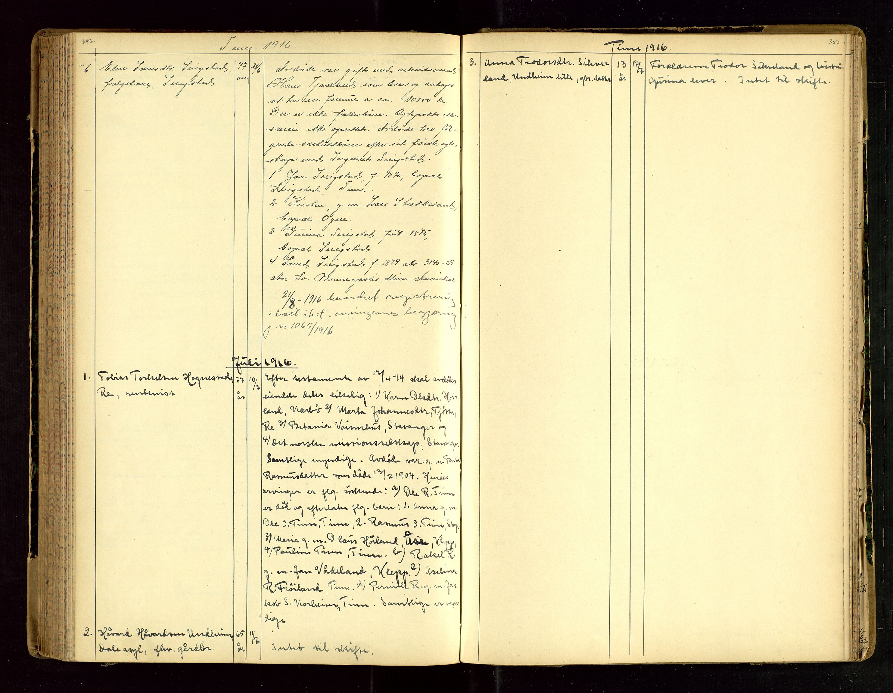 Jæren sorenskriveri, AV/SAST-A-100310/01/5/52/52B/L0003: DØDSFALLPROTOKOLL, 1910-1916, p. 356-357