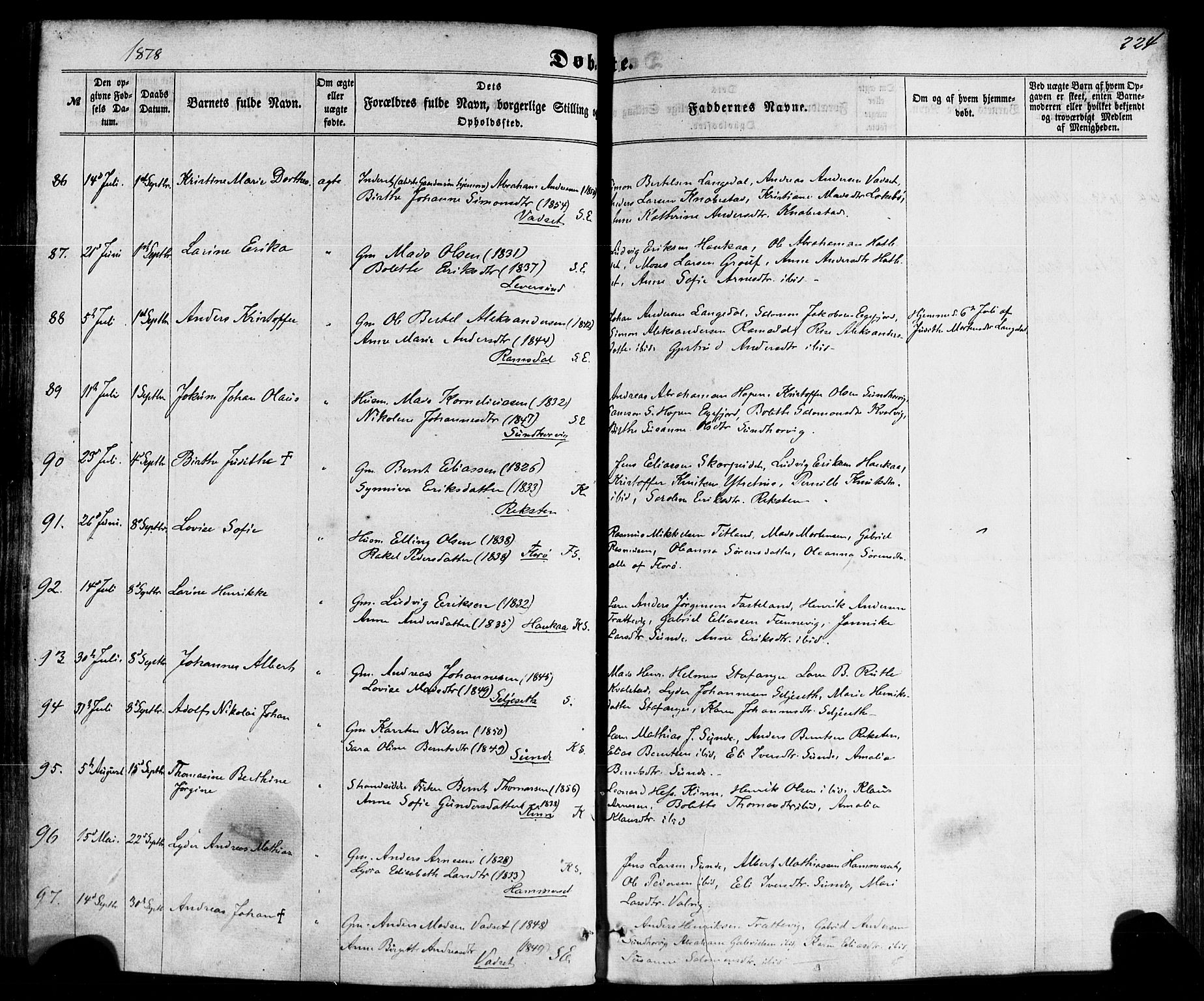 Kinn sokneprestembete, AV/SAB-A-80801/H/Haa/Haaa/L0006: Parish register (official) no. A 6, 1857-1885, p. 224