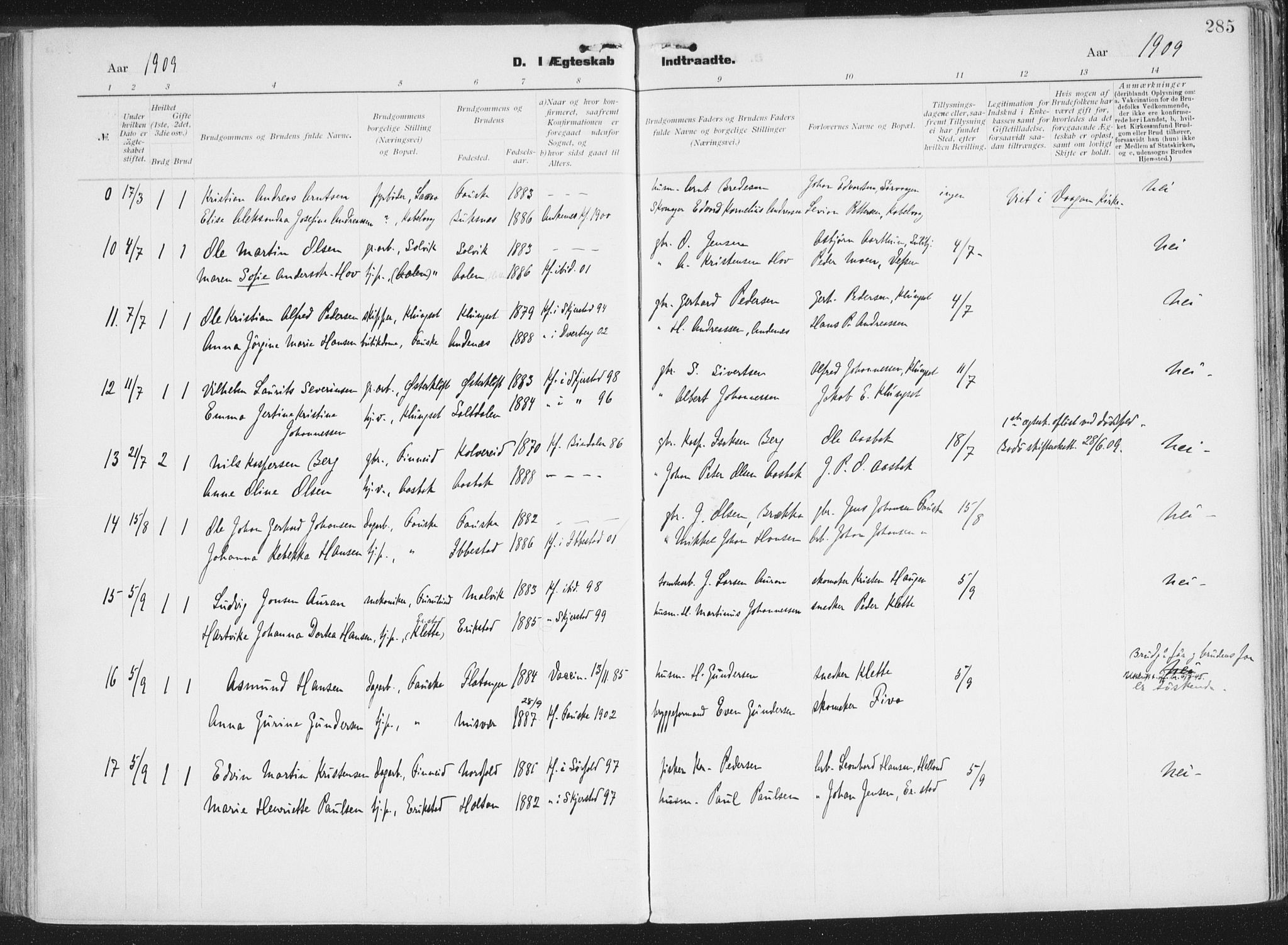 Ministerialprotokoller, klokkerbøker og fødselsregistre - Nordland, SAT/A-1459/849/L0696: Parish register (official) no. 849A08, 1898-1910, p. 285