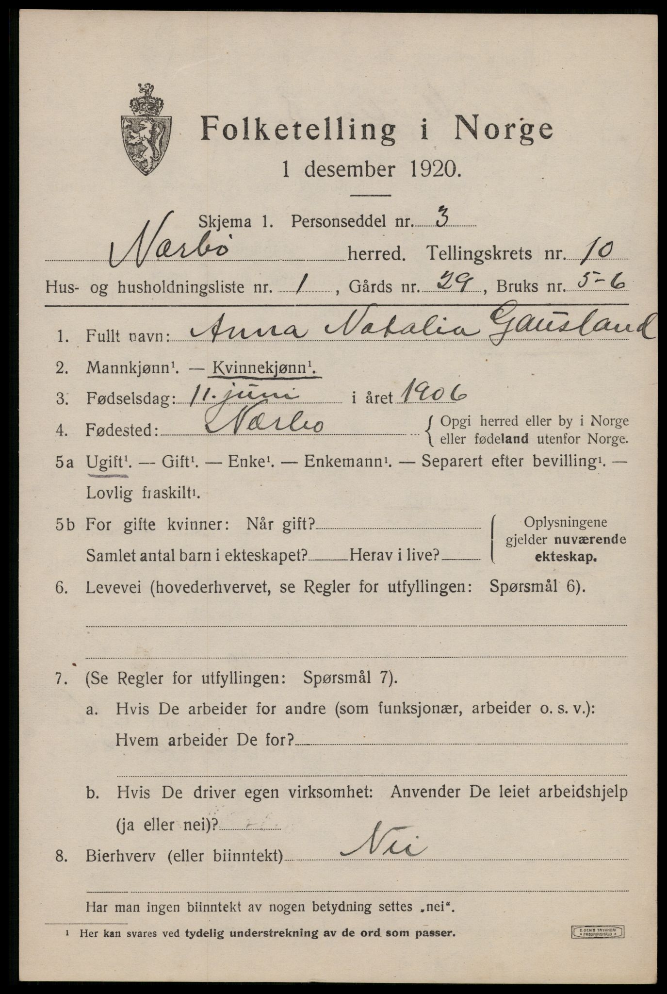 SAST, 1920 census for Nærbø, 1920, p. 5821