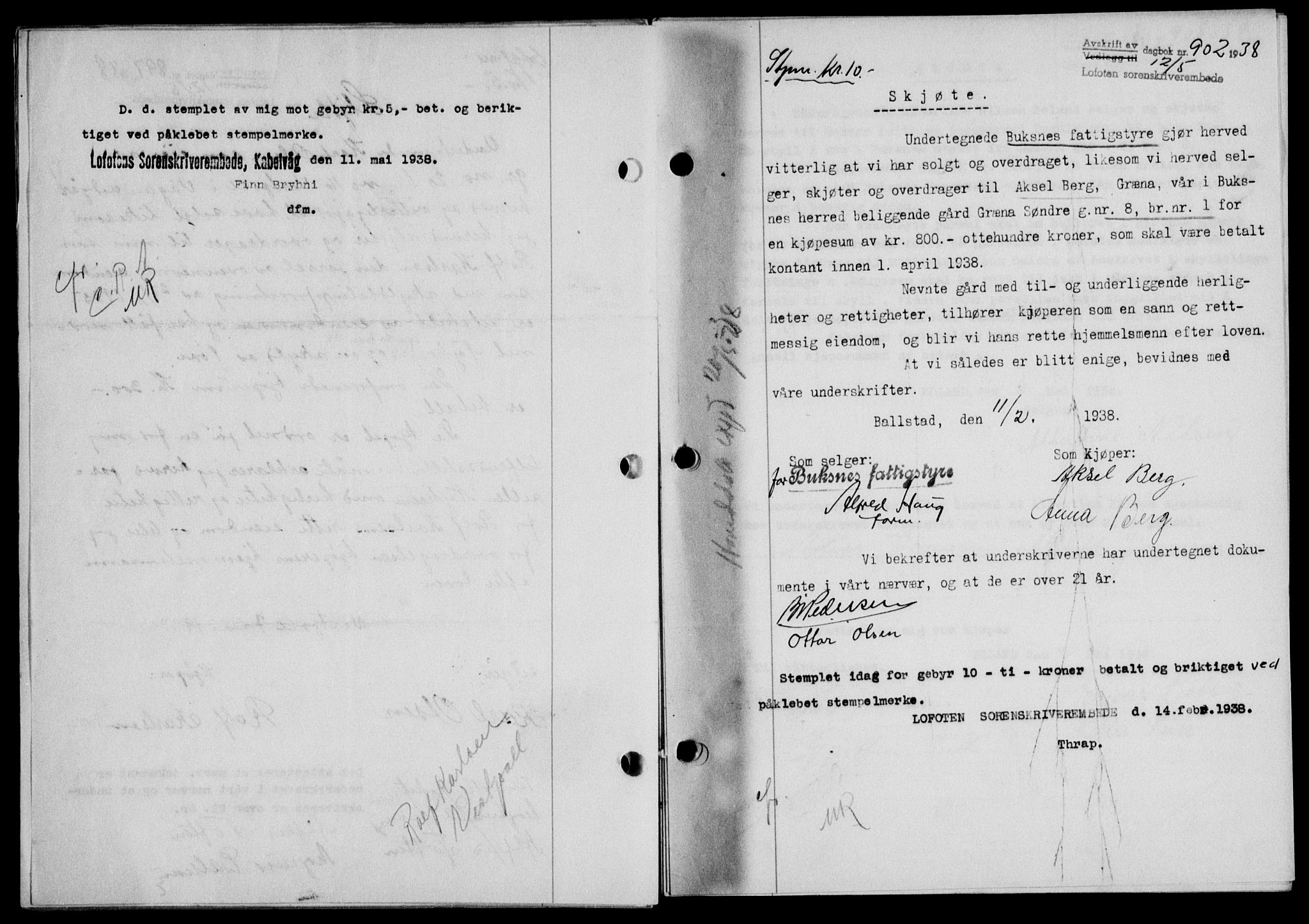 Lofoten sorenskriveri, SAT/A-0017/1/2/2C/L0004a: Mortgage book no. 4a, 1938-1938, Diary no: : 902/1938