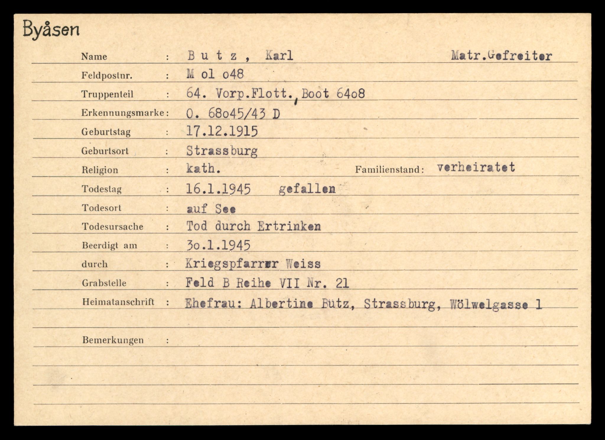 Distriktskontoret for krigsgraver, AV/SAT-A-5030/E/L0004: Kasett/kartotek over tysk Krigskirkegård på Byåsen, 1945, p. 219