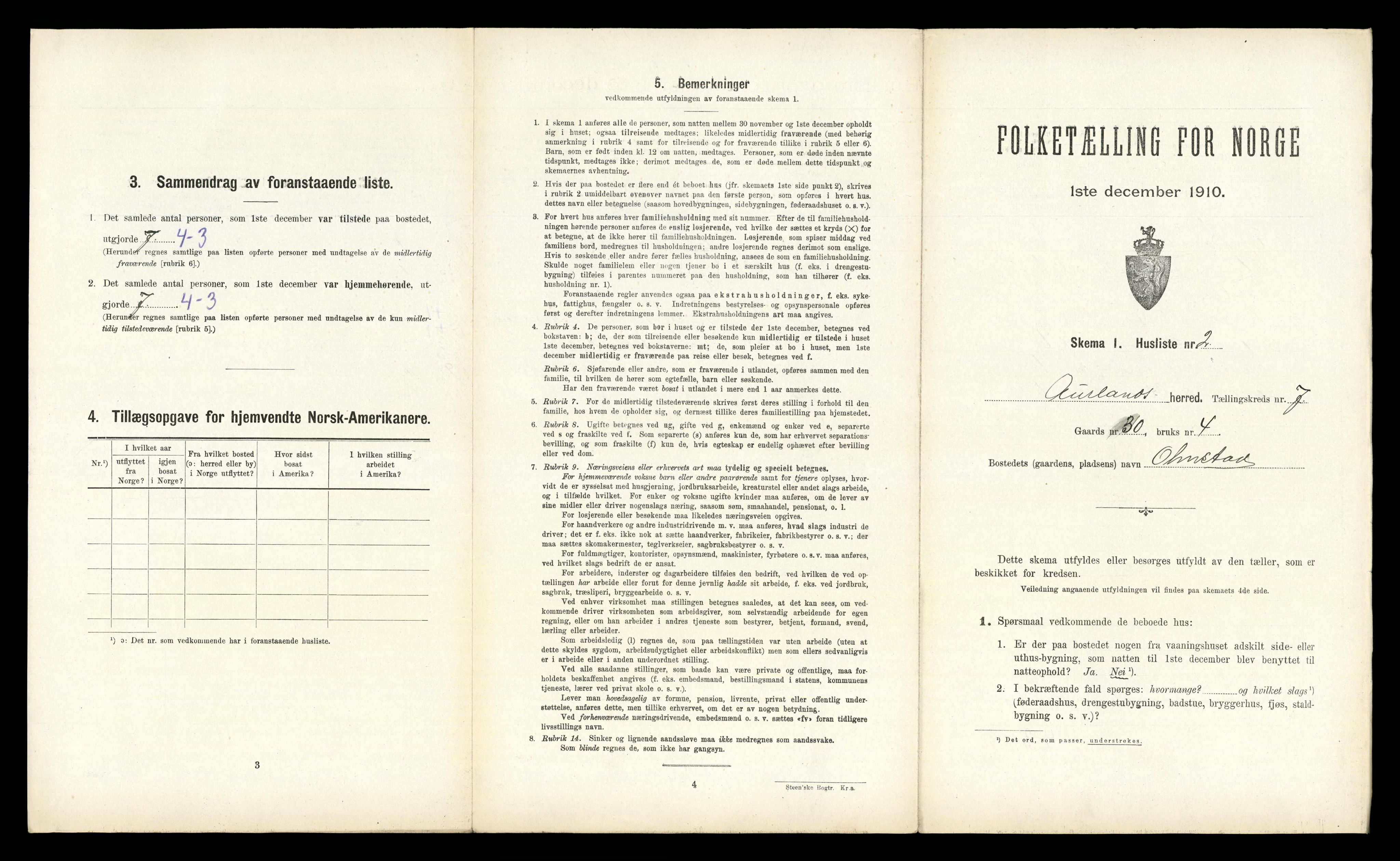 RA, 1910 census for Aurland, 1910, p. 623