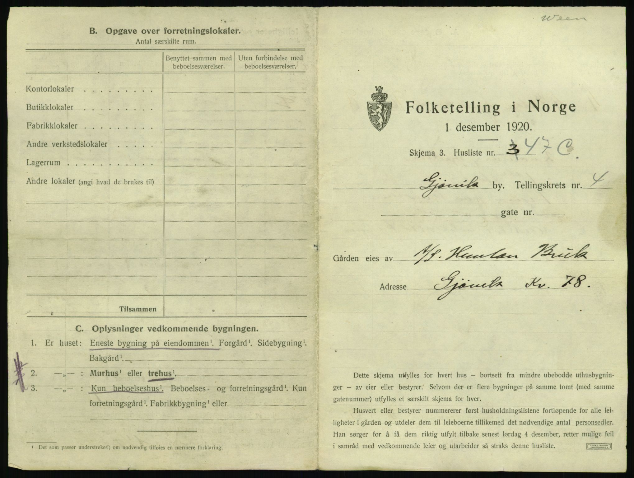 SAH, 1920 census for Gjøvik, 1920, p. 494