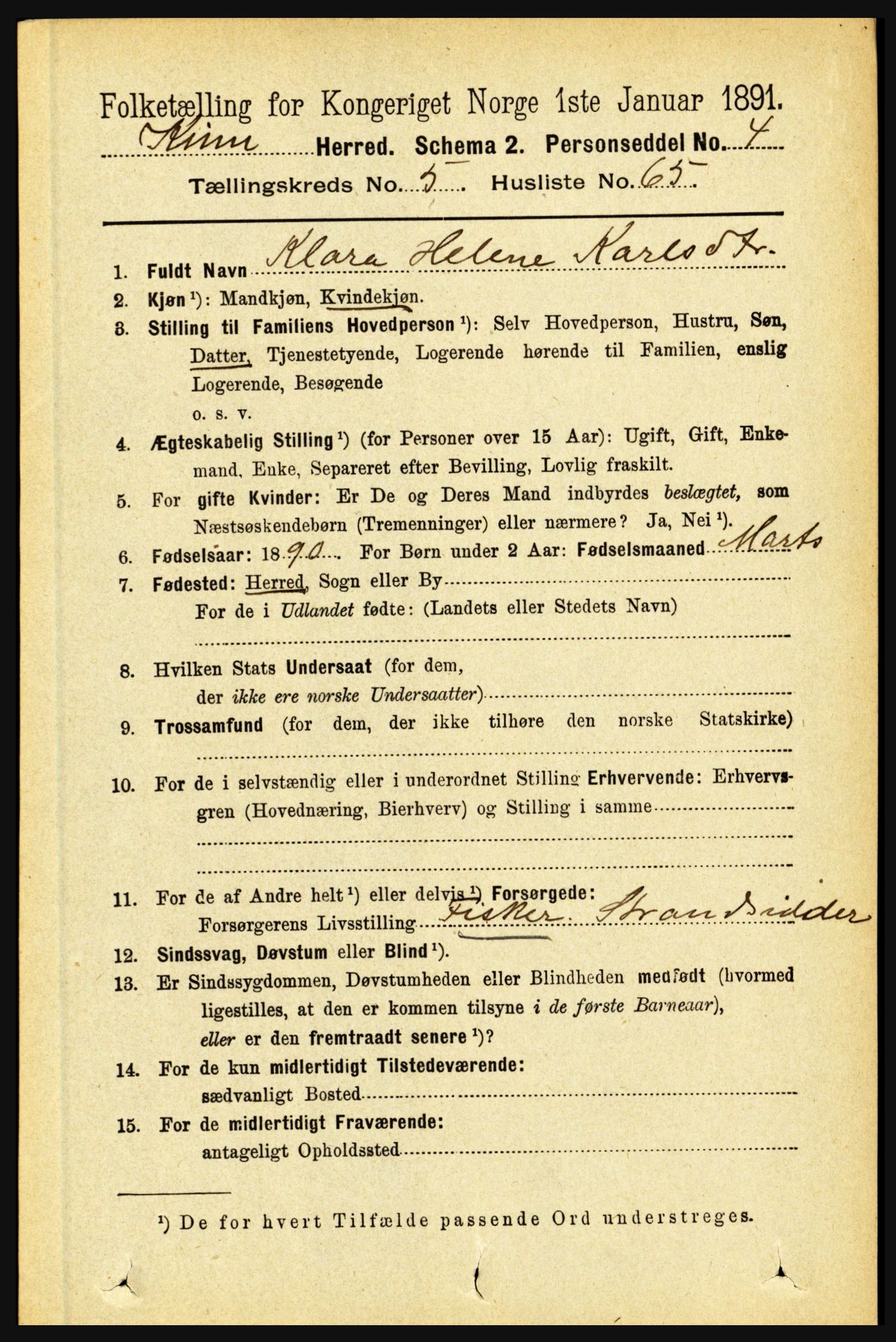 RA, 1891 census for 1437 Kinn, 1891, p. 2168
