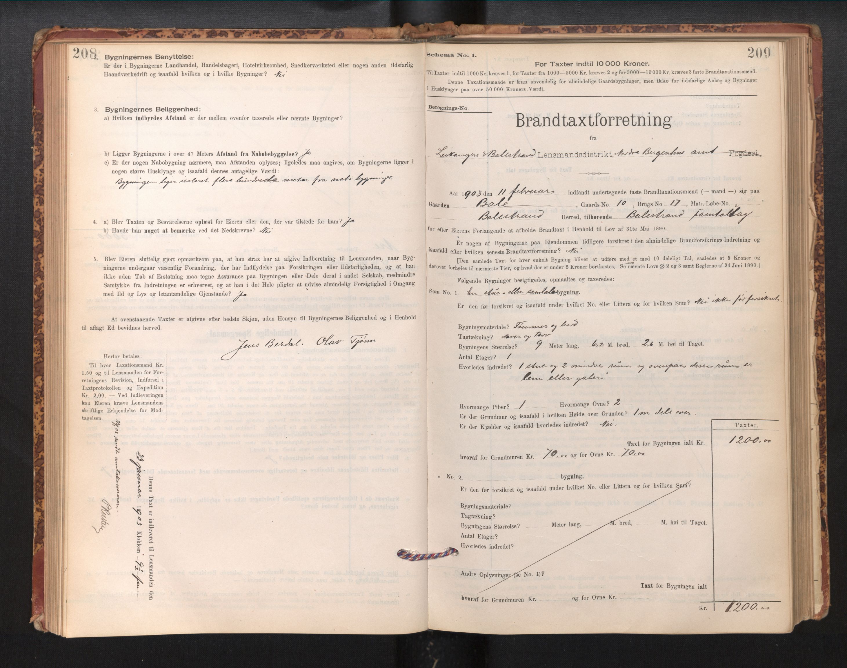 Lensmannen i Leikanger, AV/SAB-A-29201/0012/L0004: Branntakstprotokoll, skjematakst, 1894-1903, p. 208-209