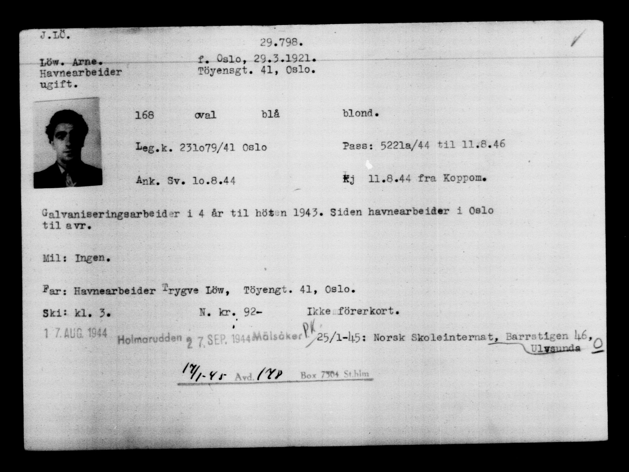 Utenriksstasjonene, Legasjonen i Stockholm, Flyktningkontoret, AV/RA-S-6753/V/Va/L0012: Kjesäterkartoteket, flyktninger med registreringsnr. 28300-31566, 1940-1945, p. 1647