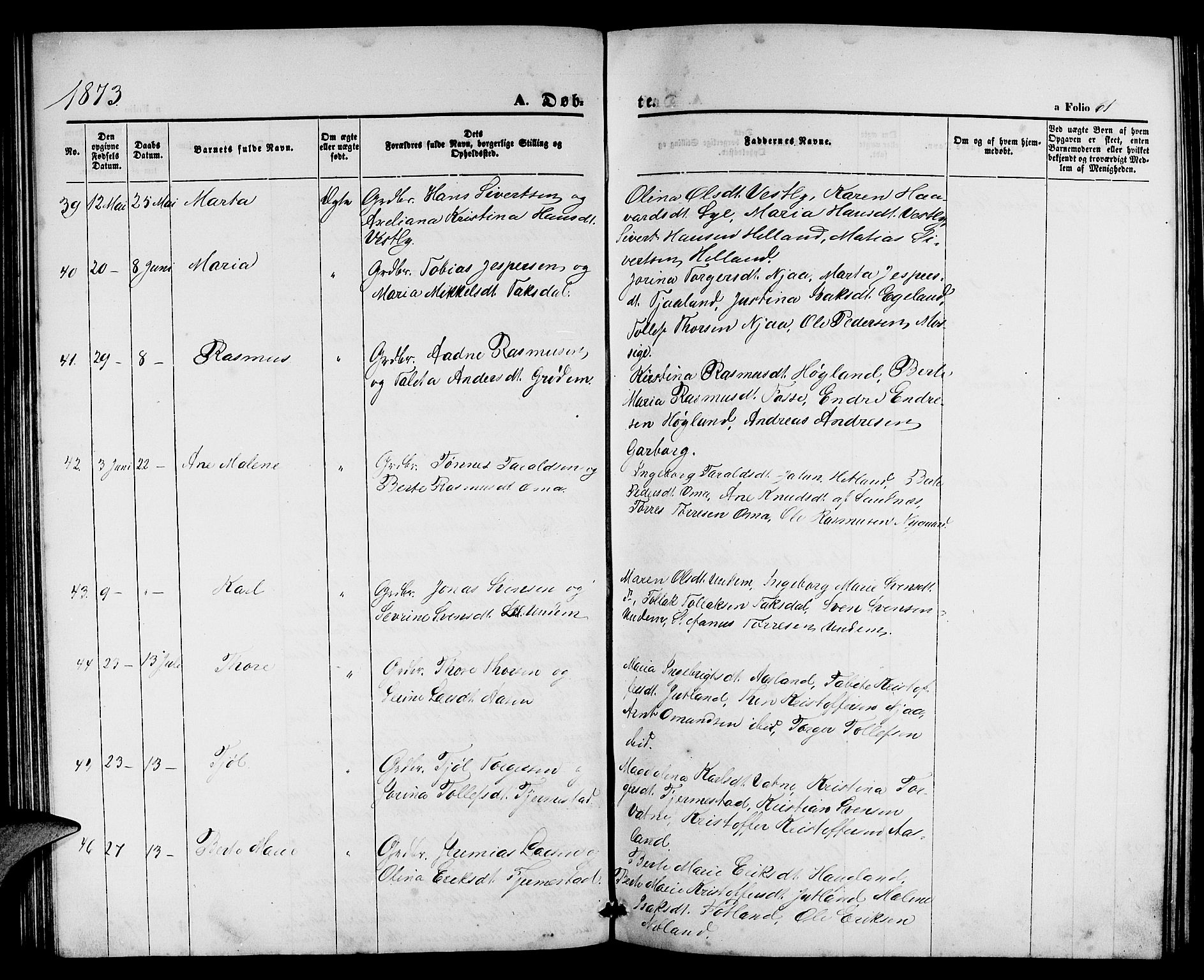 Lye sokneprestkontor, AV/SAST-A-101794/001/30BB/L0004: Parish register (copy) no. B 4, 1868-1878, p. 61