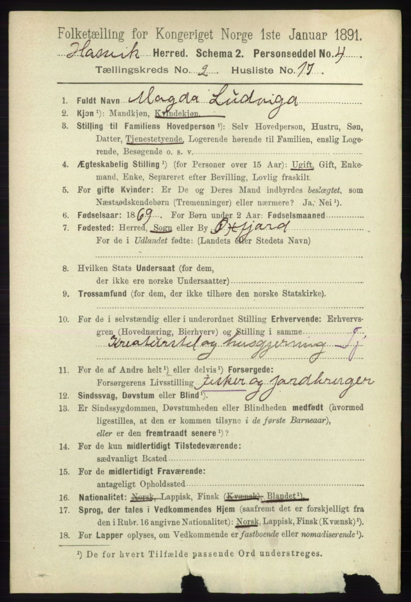 RA, 1891 census for 2015 Hasvik, 1891, p. 387