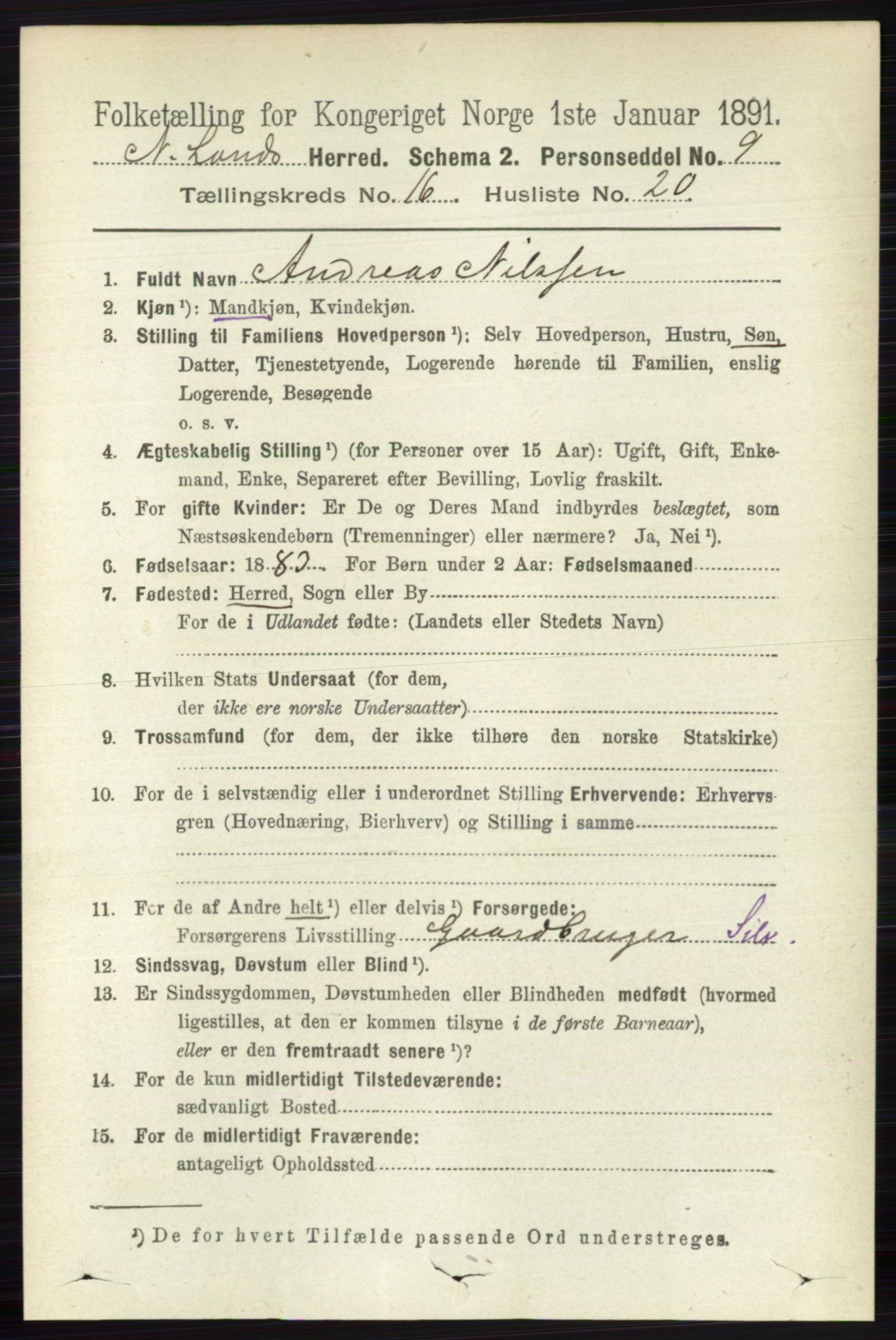 RA, 1891 census for 0538 Nordre Land, 1891, p. 4249