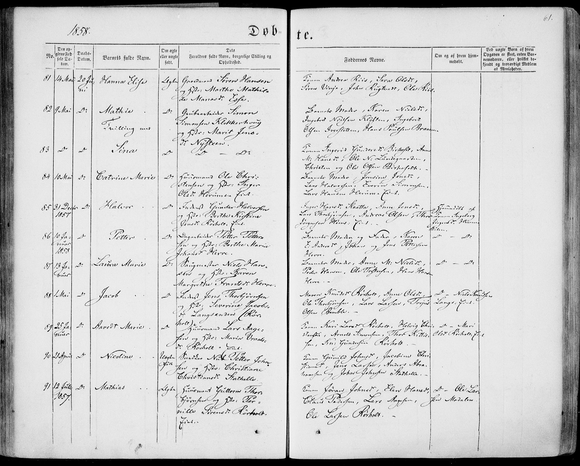 Bamble kirkebøker, AV/SAKO-A-253/F/Fa/L0005: Parish register (official) no. I 5, 1854-1869, p. 61