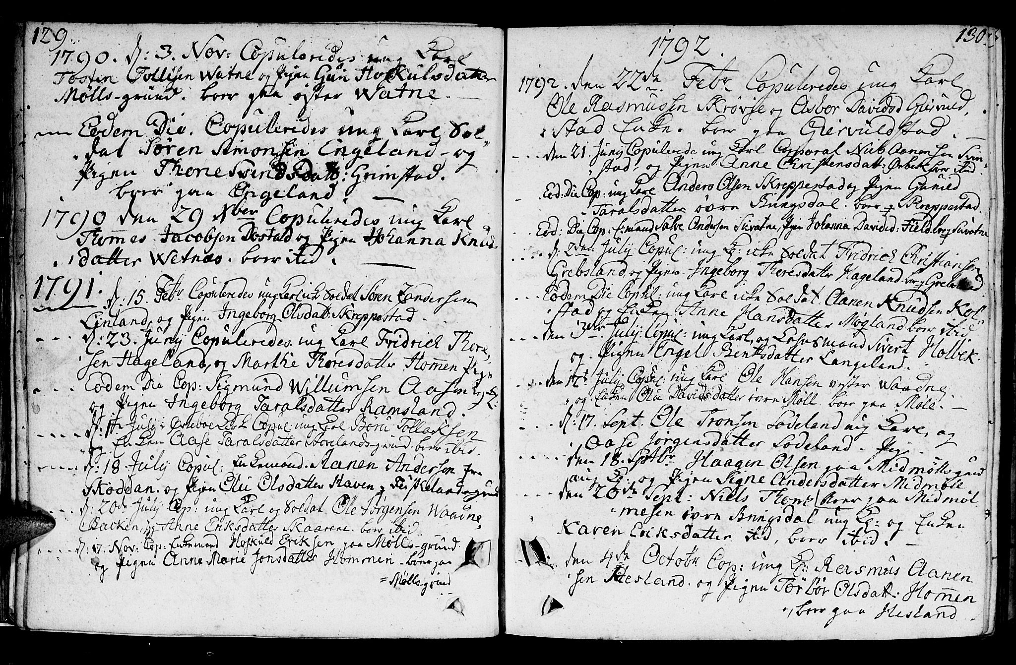 Holum sokneprestkontor, SAK/1111-0022/F/Fa/Faa/L0003: Parish register (official) no. A 3, 1780-1821, p. 129-130