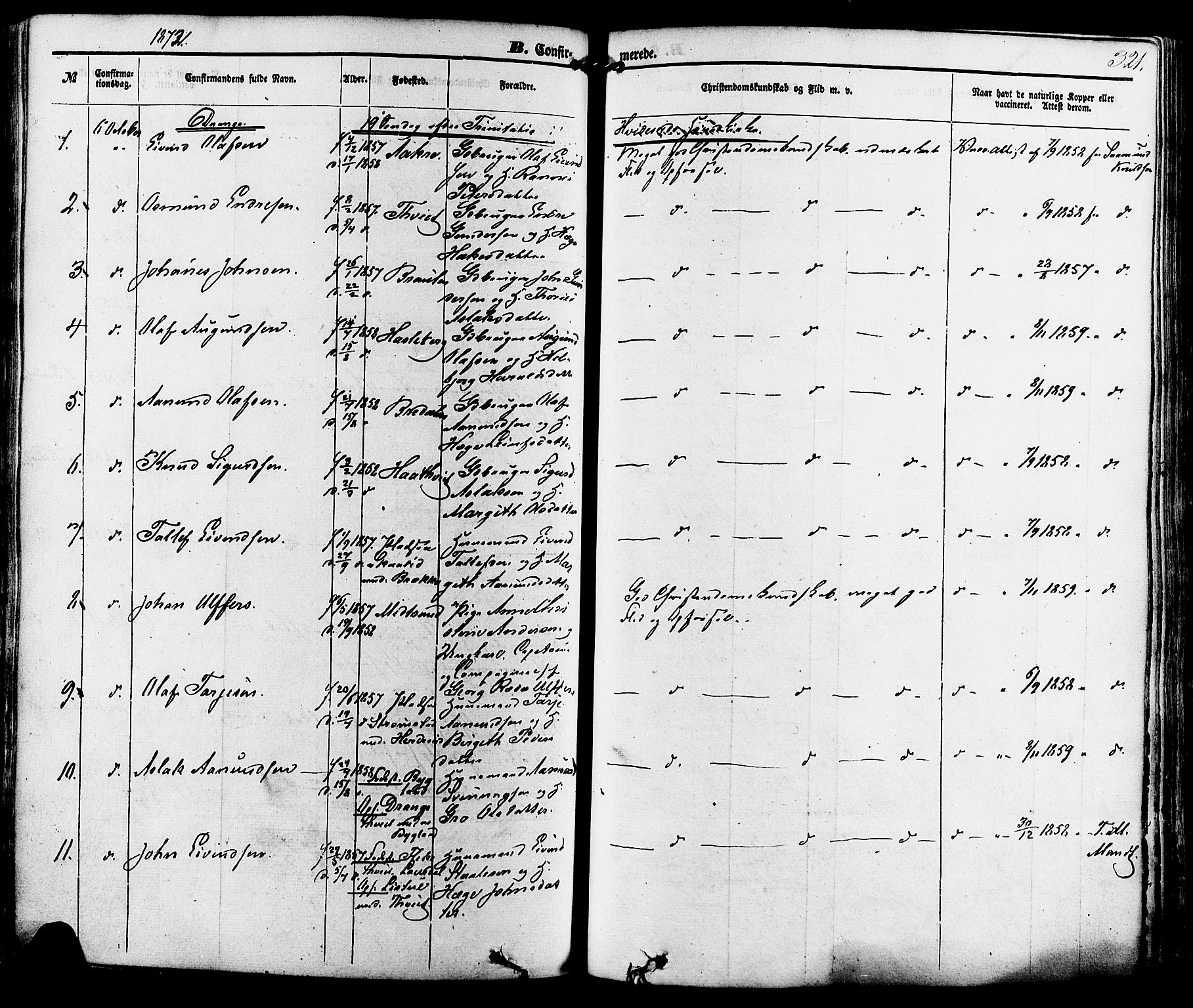 Kviteseid kirkebøker, SAKO/A-276/F/Fa/L0007: Parish register (official) no. I 7, 1859-1881, p. 321
