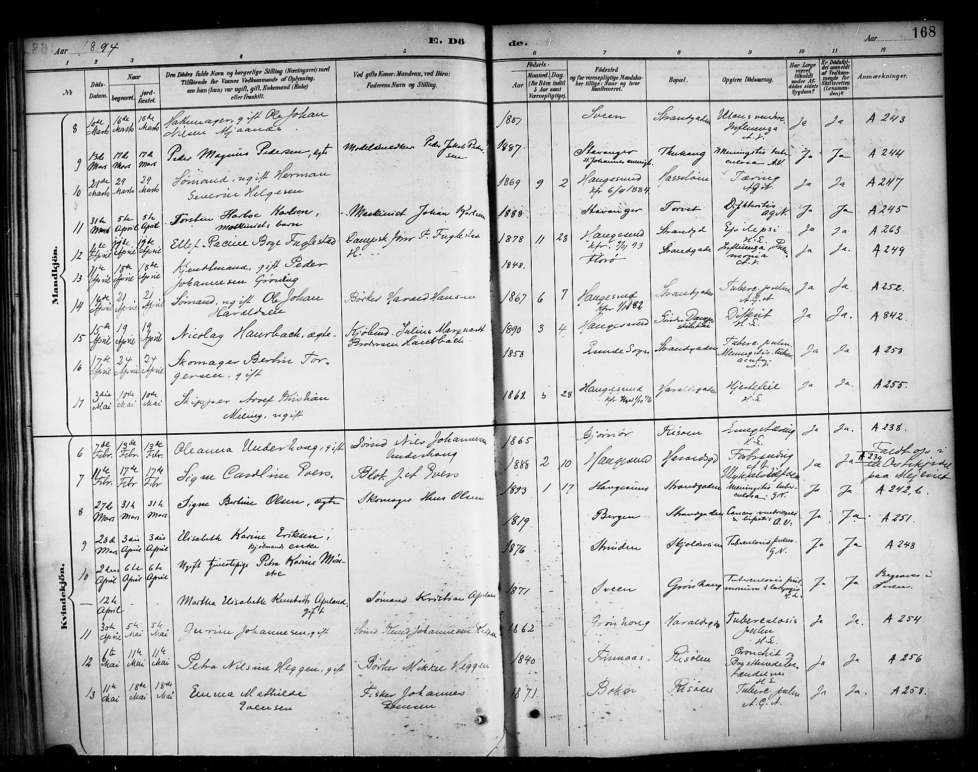 Haugesund sokneprestkontor, AV/SAST-A -101863/H/Ha/Haa/L0005: Parish register (official) no. A 5, 1891-1903, p. 168