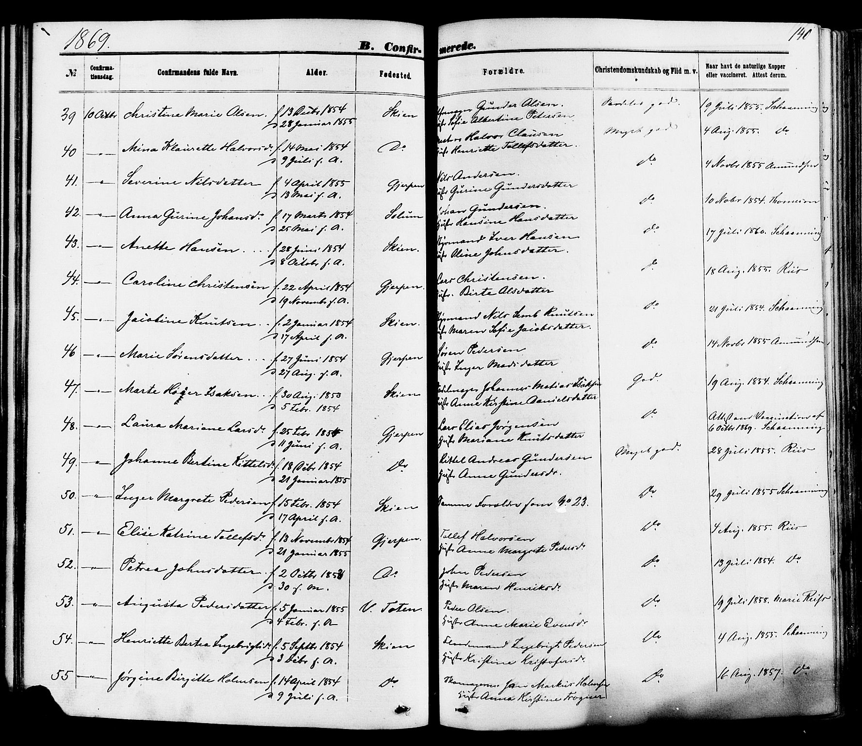 Skien kirkebøker, AV/SAKO-A-302/F/Fa/L0008: Parish register (official) no. 8, 1866-1877, p. 140