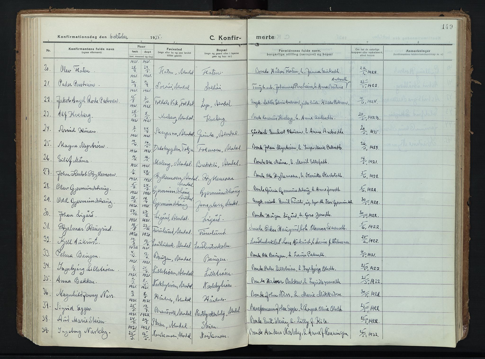 Alvdal prestekontor, SAH/PREST-060/H/Ha/Haa/L0006: Parish register (official) no. 6, 1920-1937, p. 149