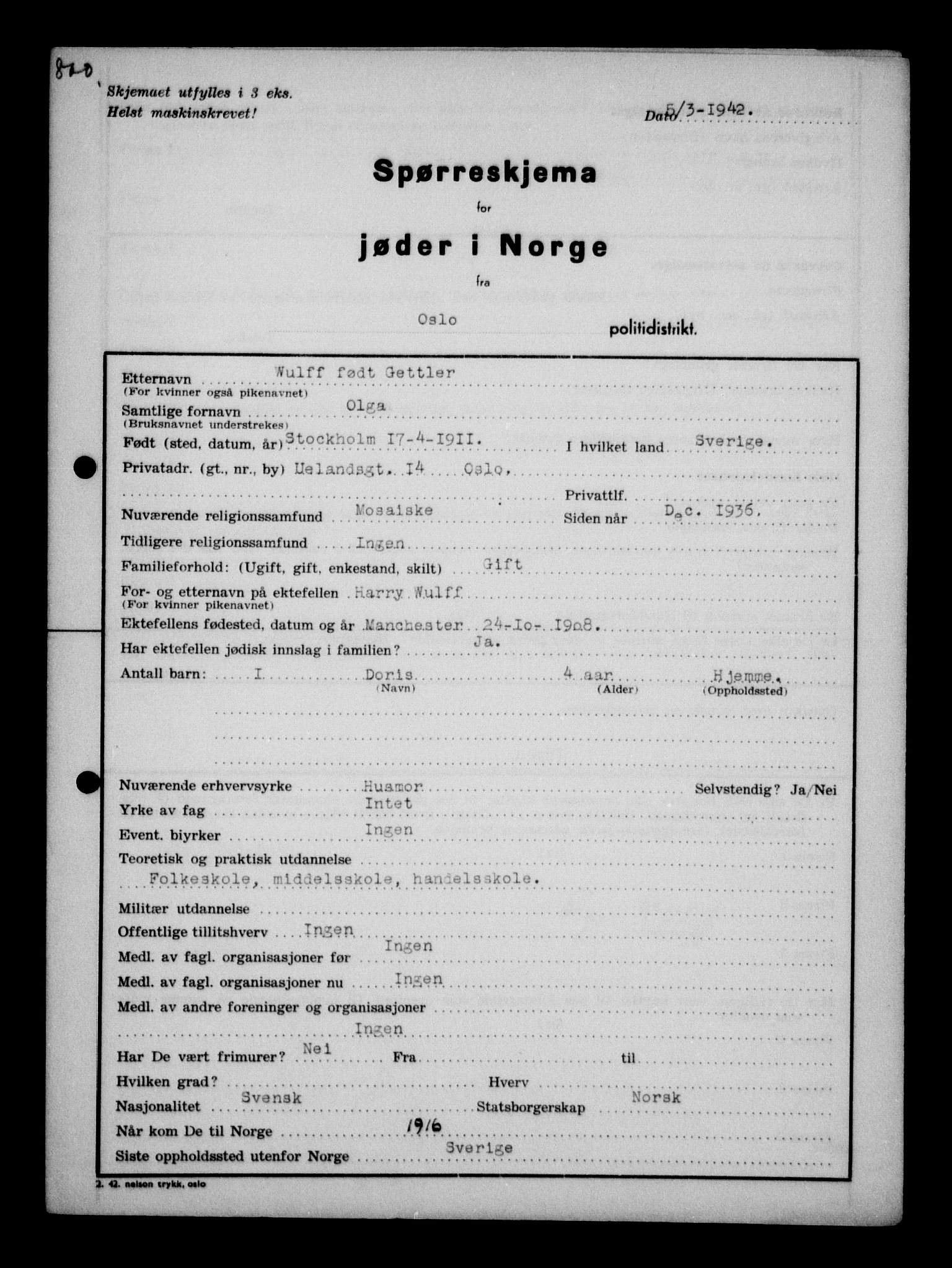 Statspolitiet - Hovedkontoret / Osloavdelingen, AV/RA-S-1329/G/Ga/L0011: Spørreskjema for jøder i Norge. 1: Oslo 610-806 (Plavnik-Zwillinger). 2: Aker 1-113 (Adler-Lewin). , 1942, p. 566