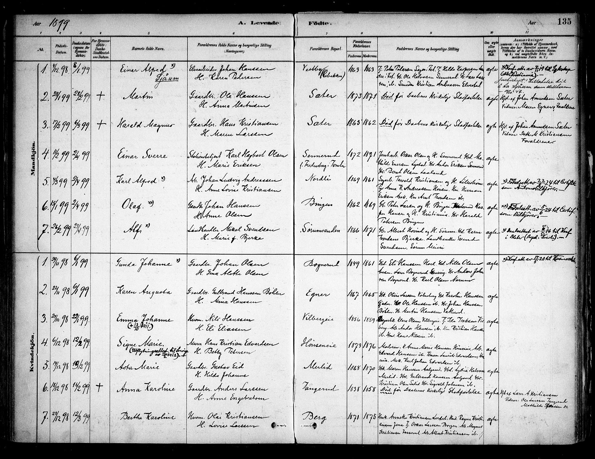 Sørum prestekontor Kirkebøker, AV/SAO-A-10303/F/Fa/L0007: Parish register (official) no. I 7, 1878-1914, p. 135