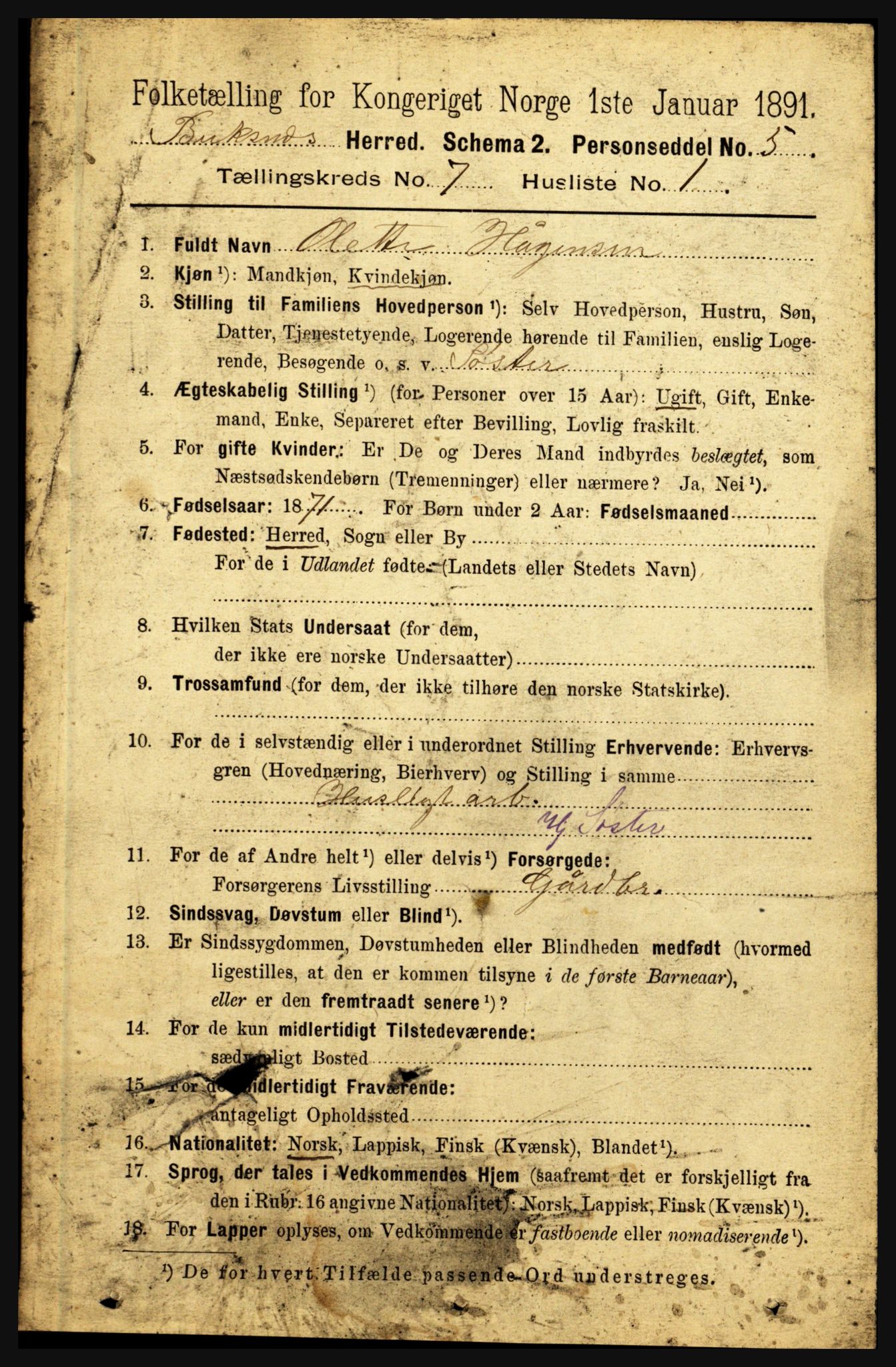 RA, 1891 census for 1860 Buksnes, 1891, p. 4994