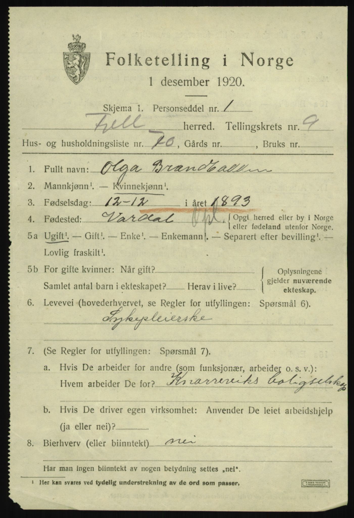 SAB, 1920 census for Fjell, 1920, p. 9026