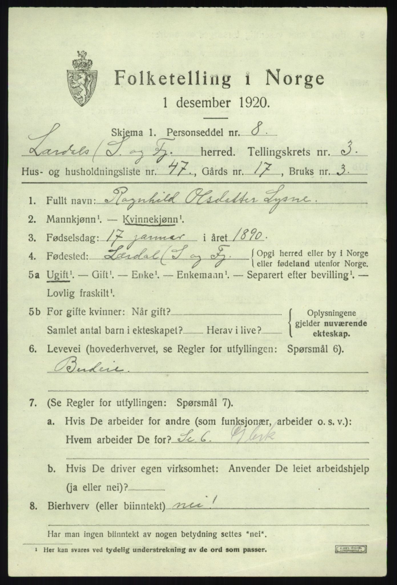 SAB, 1920 census for Lærdal, 1920, p. 2194