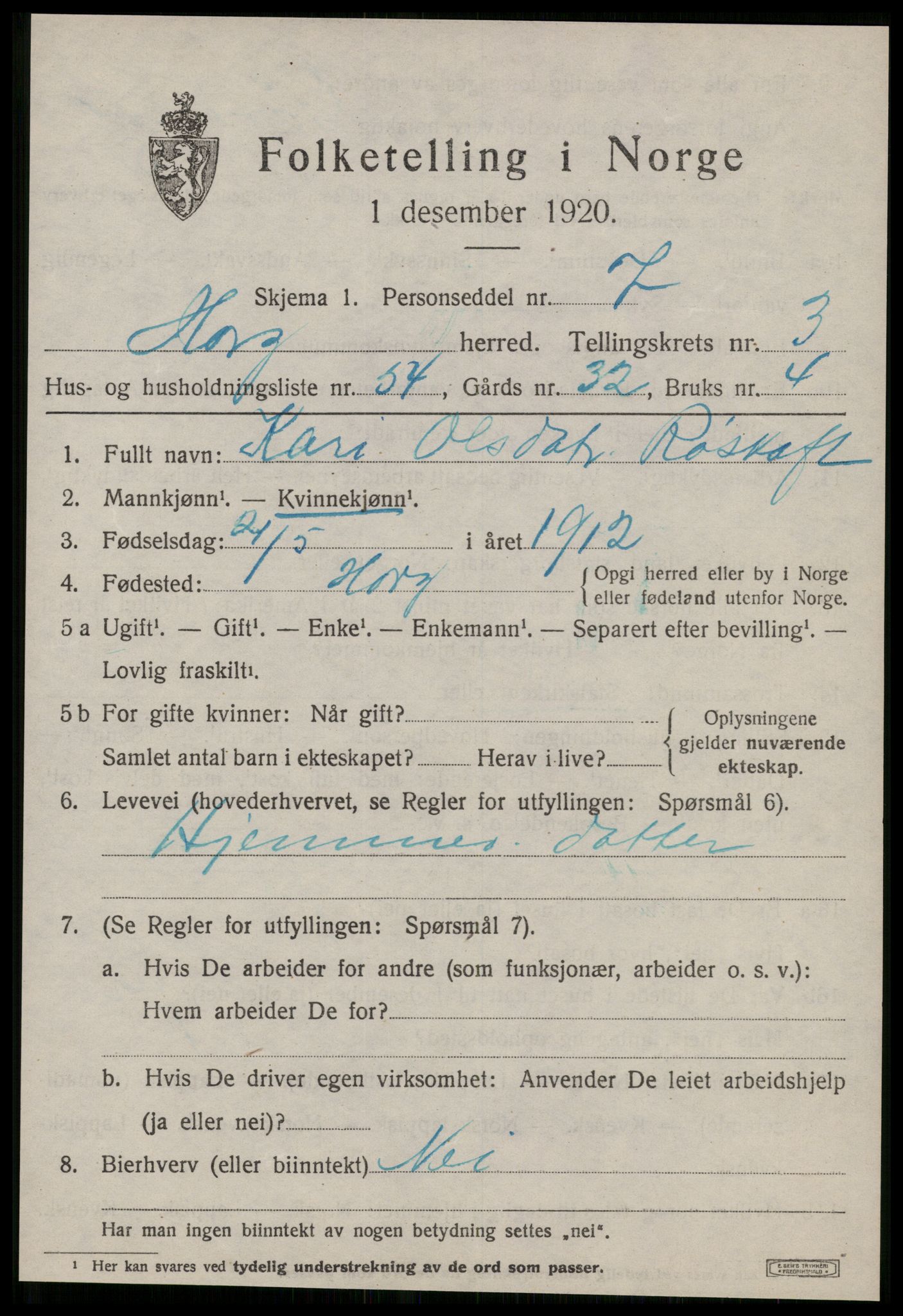 SAT, 1920 census for Horg, 1920, p. 3030