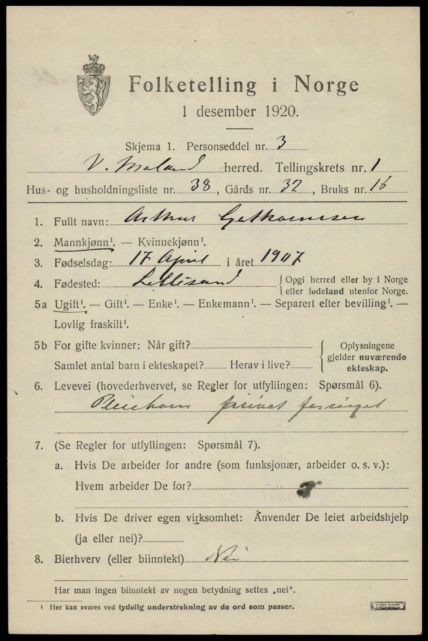 SAK, 1920 census for Vestre Moland, 1920, p. 1405