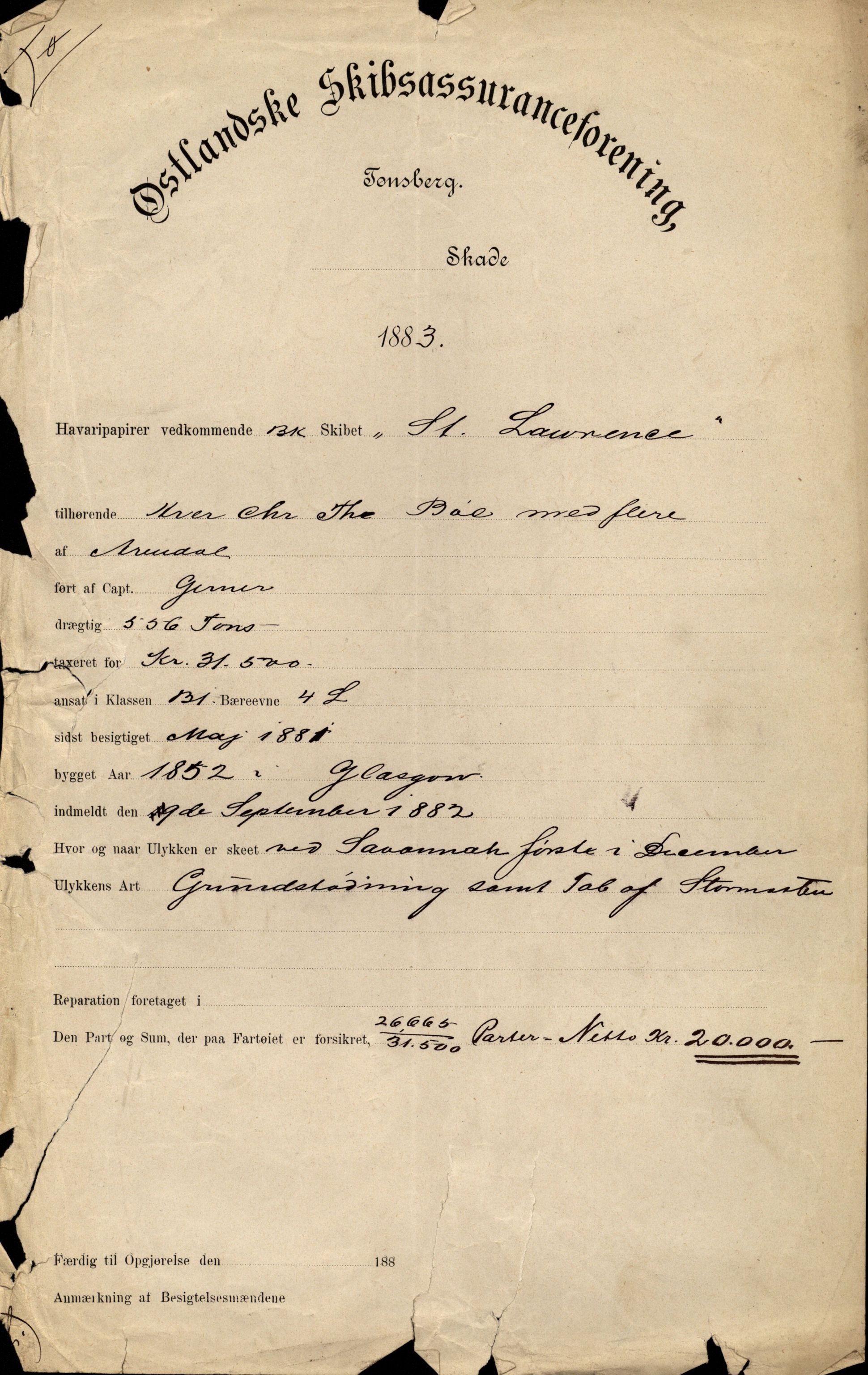 Pa 63 - Østlandske skibsassuranceforening, VEMU/A-1079/G/Ga/L0016/0015: Havaridokumenter / St. Lawrence, Poseidon, Snap, Josephine, Triton, 1883, p. 2