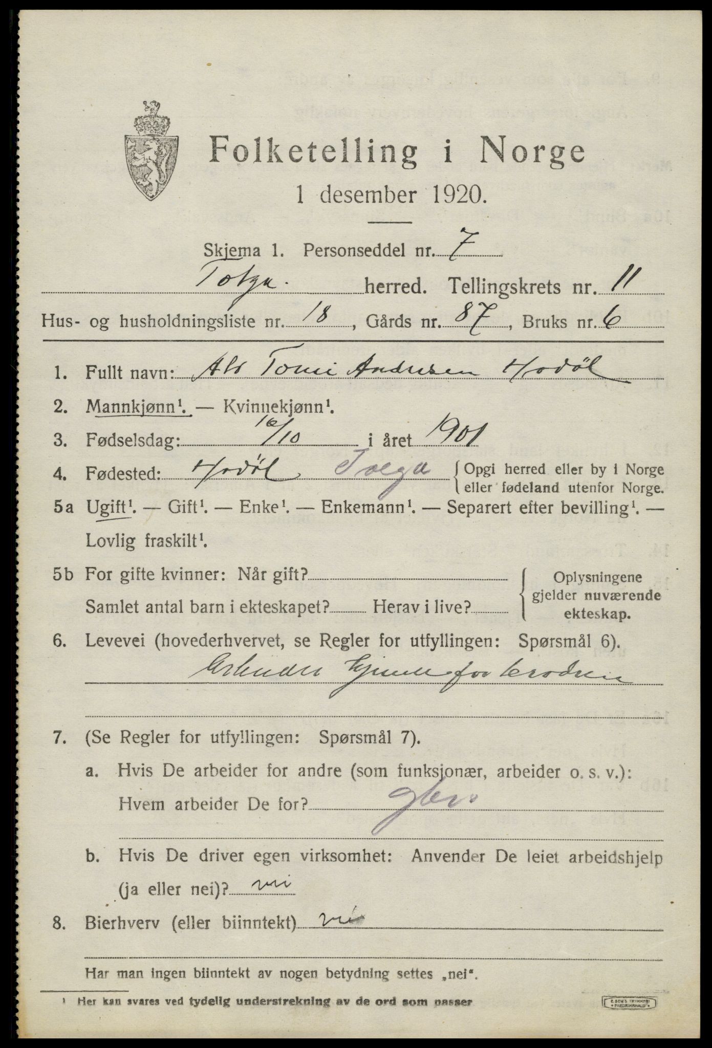 SAH, 1920 census for Tolga, 1920, p. 5449