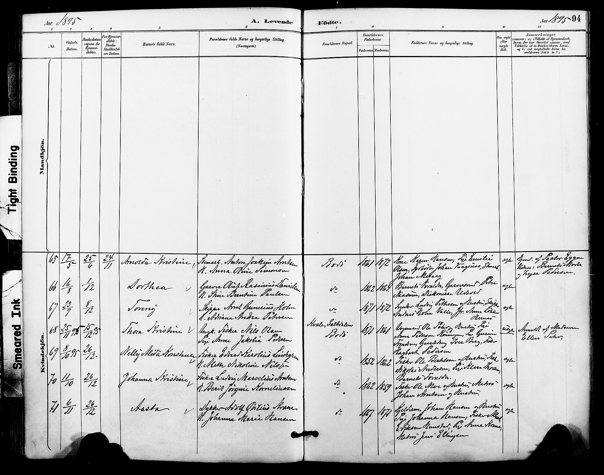 Ministerialprotokoller, klokkerbøker og fødselsregistre - Nordland, AV/SAT-A-1459/801/L0010: Parish register (official) no. 801A10, 1888-1899, p. 94