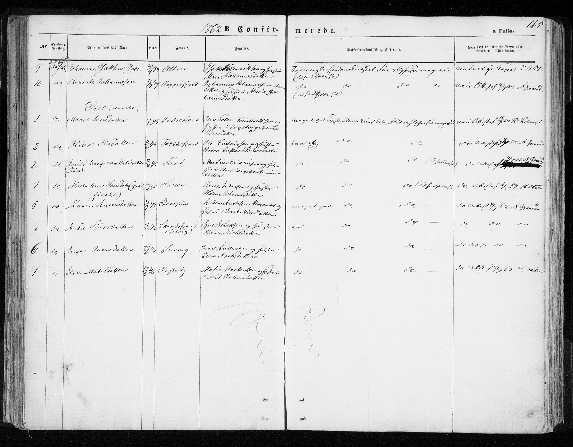 Hammerfest sokneprestkontor, AV/SATØ-S-1347/H/Ha/L0005.kirke: Parish register (official) no. 5, 1857-1869, p. 165