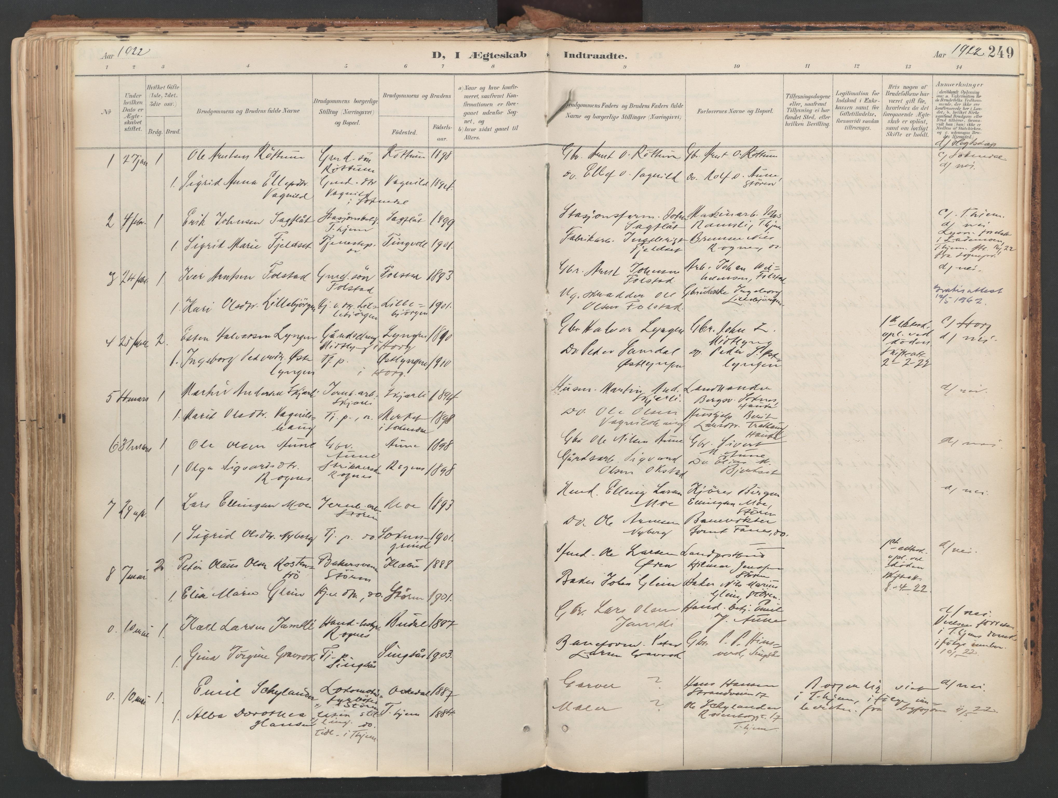 Ministerialprotokoller, klokkerbøker og fødselsregistre - Sør-Trøndelag, AV/SAT-A-1456/687/L1004: Parish register (official) no. 687A10, 1891-1923, p. 249