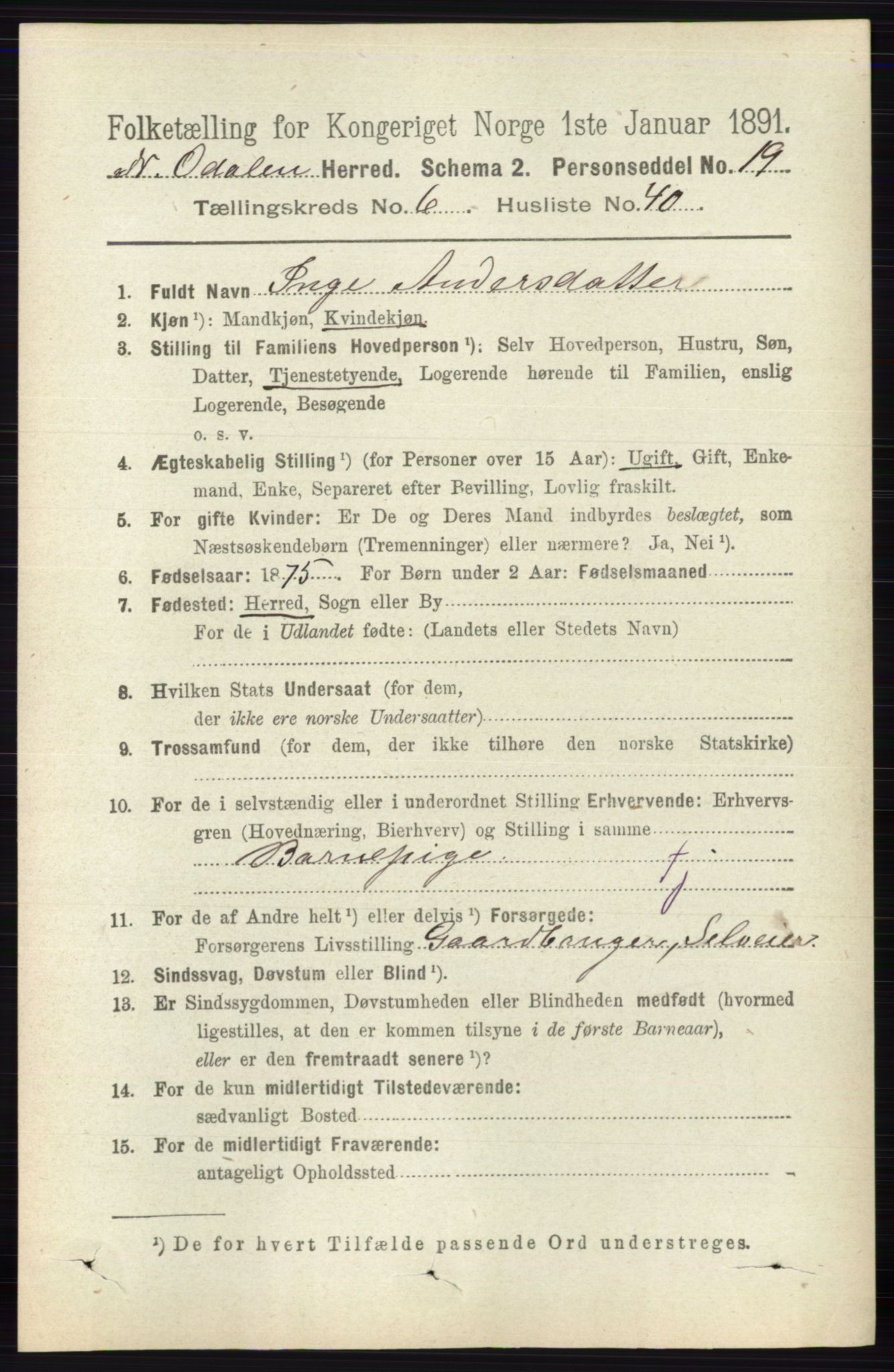 RA, 1891 census for 0418 Nord-Odal, 1891, p. 2572