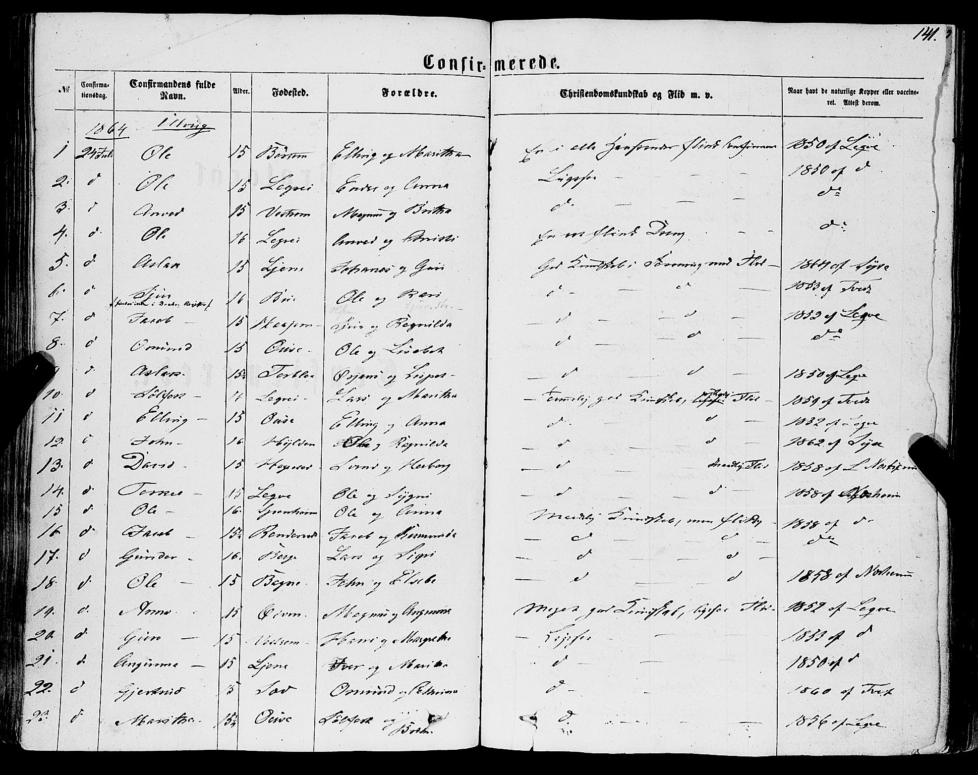 Ulvik sokneprestembete, SAB/A-78801/H/Haa: Parish register (official) no. A 15, 1864-1878, p. 141