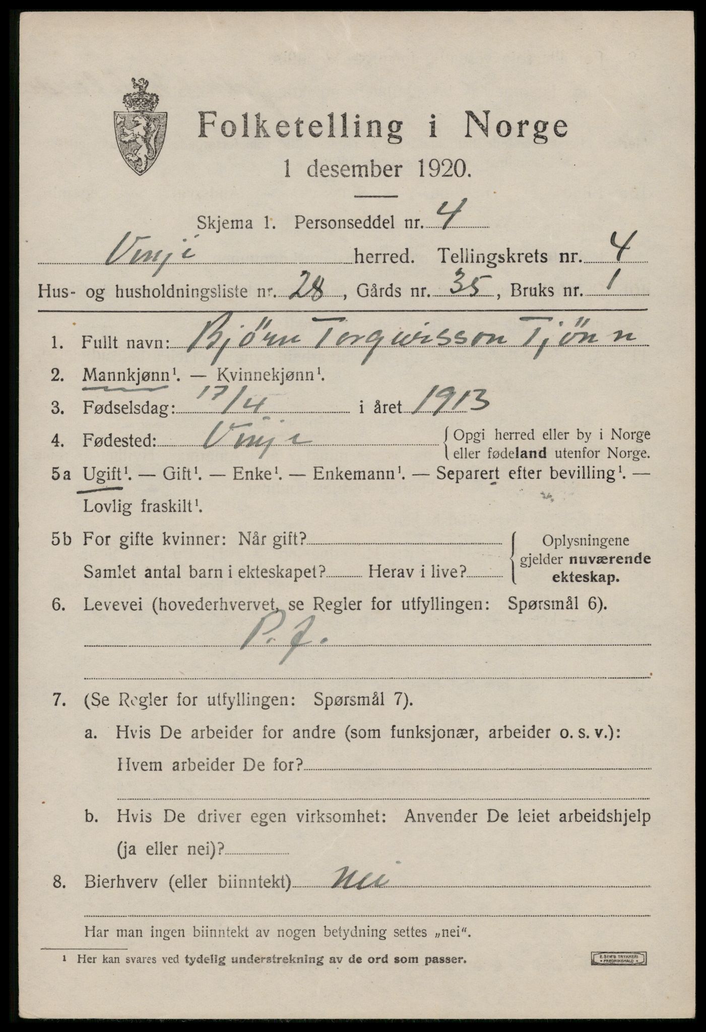 SAKO, 1920 census for Vinje, 1920, p. 1601