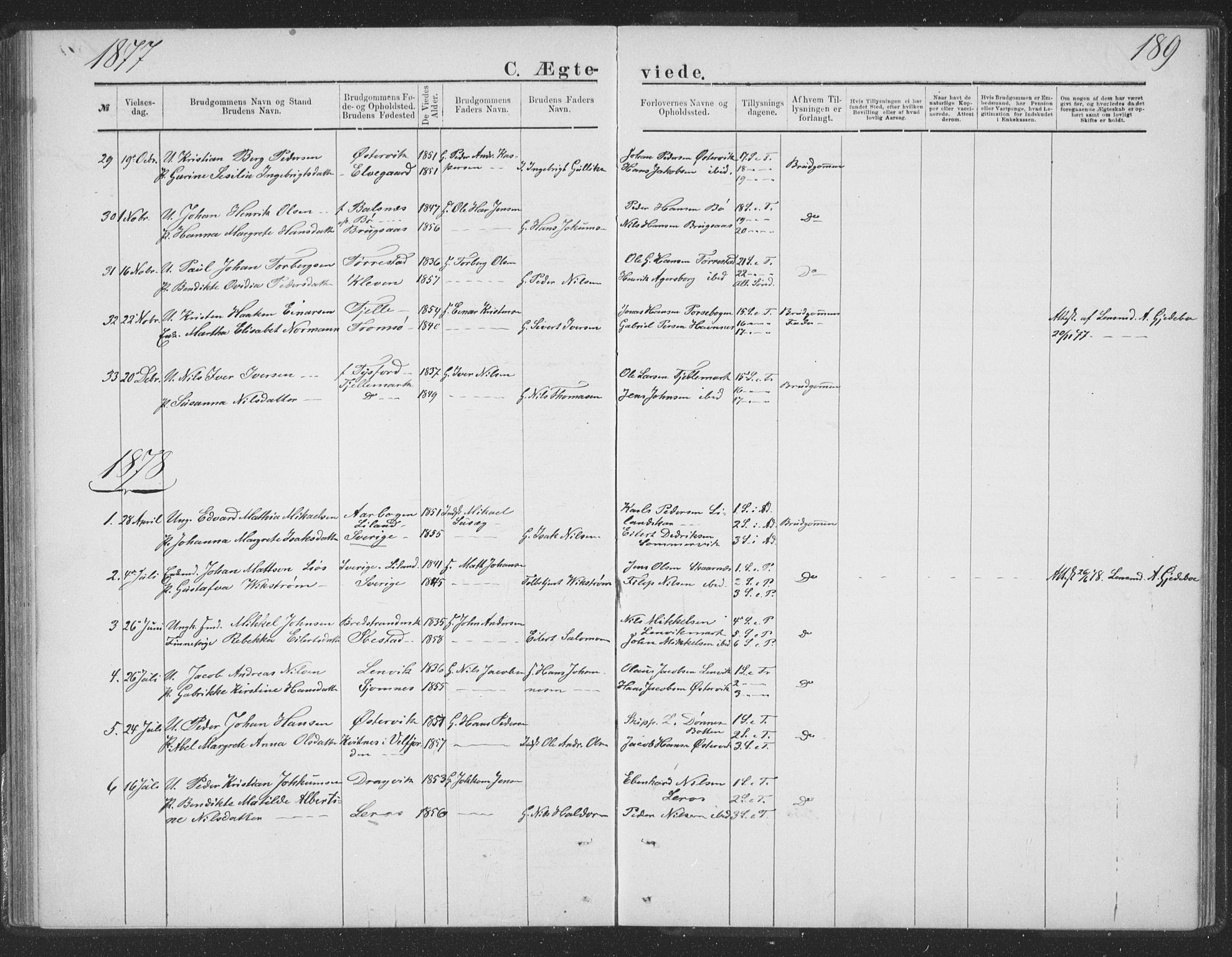 Ministerialprotokoller, klokkerbøker og fødselsregistre - Nordland, SAT/A-1459/863/L0913: Parish register (copy) no. 863C03, 1877-1885, p. 189