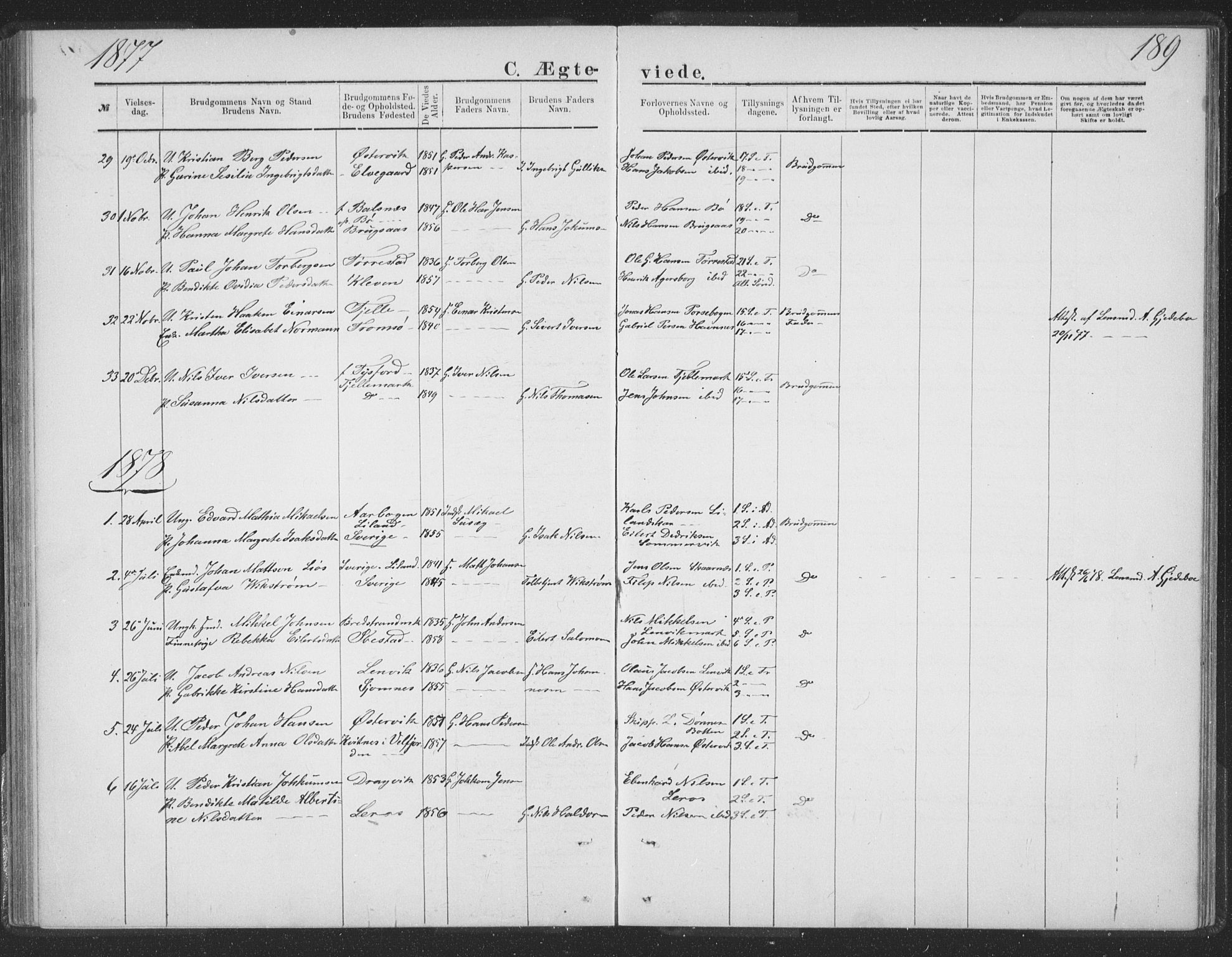 Ministerialprotokoller, klokkerbøker og fødselsregistre - Nordland, AV/SAT-A-1459/863/L0913: Parish register (copy) no. 863C03, 1877-1885, p. 189