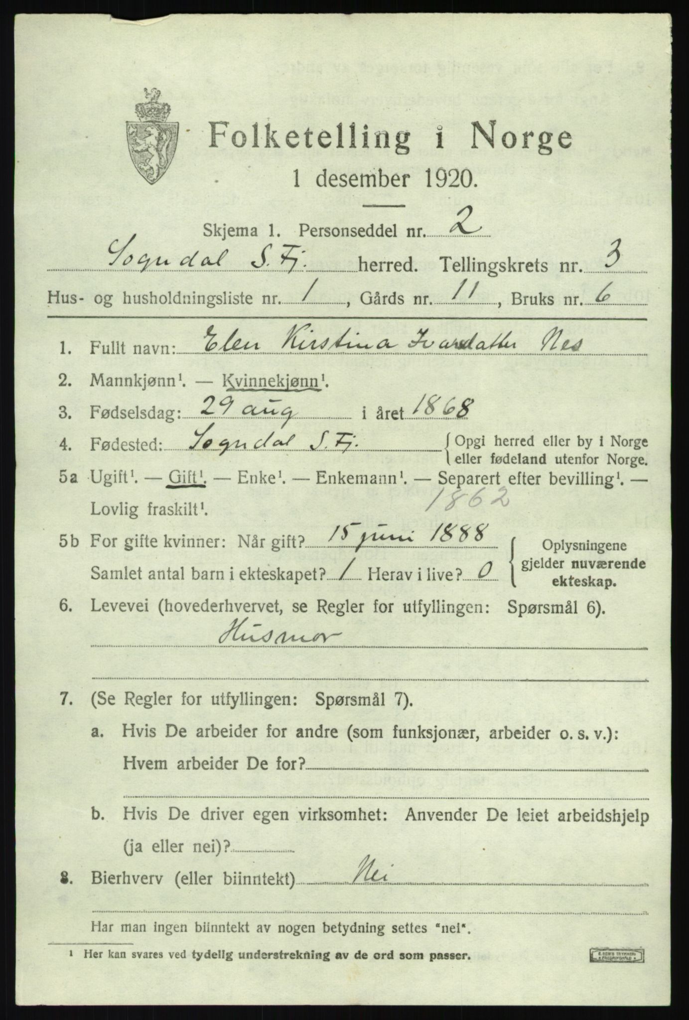 SAB, 1920 census for Sogndal, 1920, p. 2101