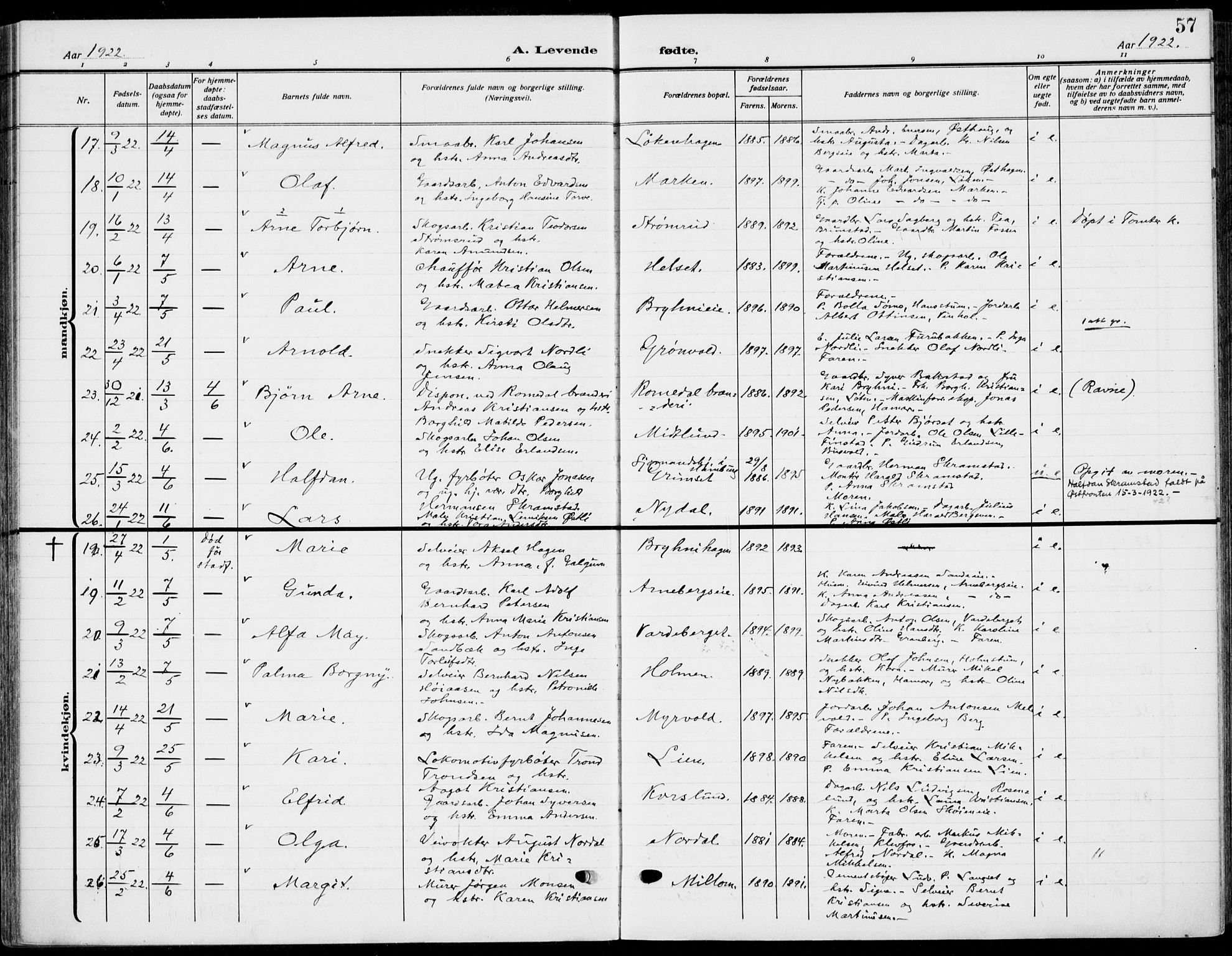 Romedal prestekontor, AV/SAH-PREST-004/K/L0012: Parish register (official) no. 12, 1913-1935, p. 57