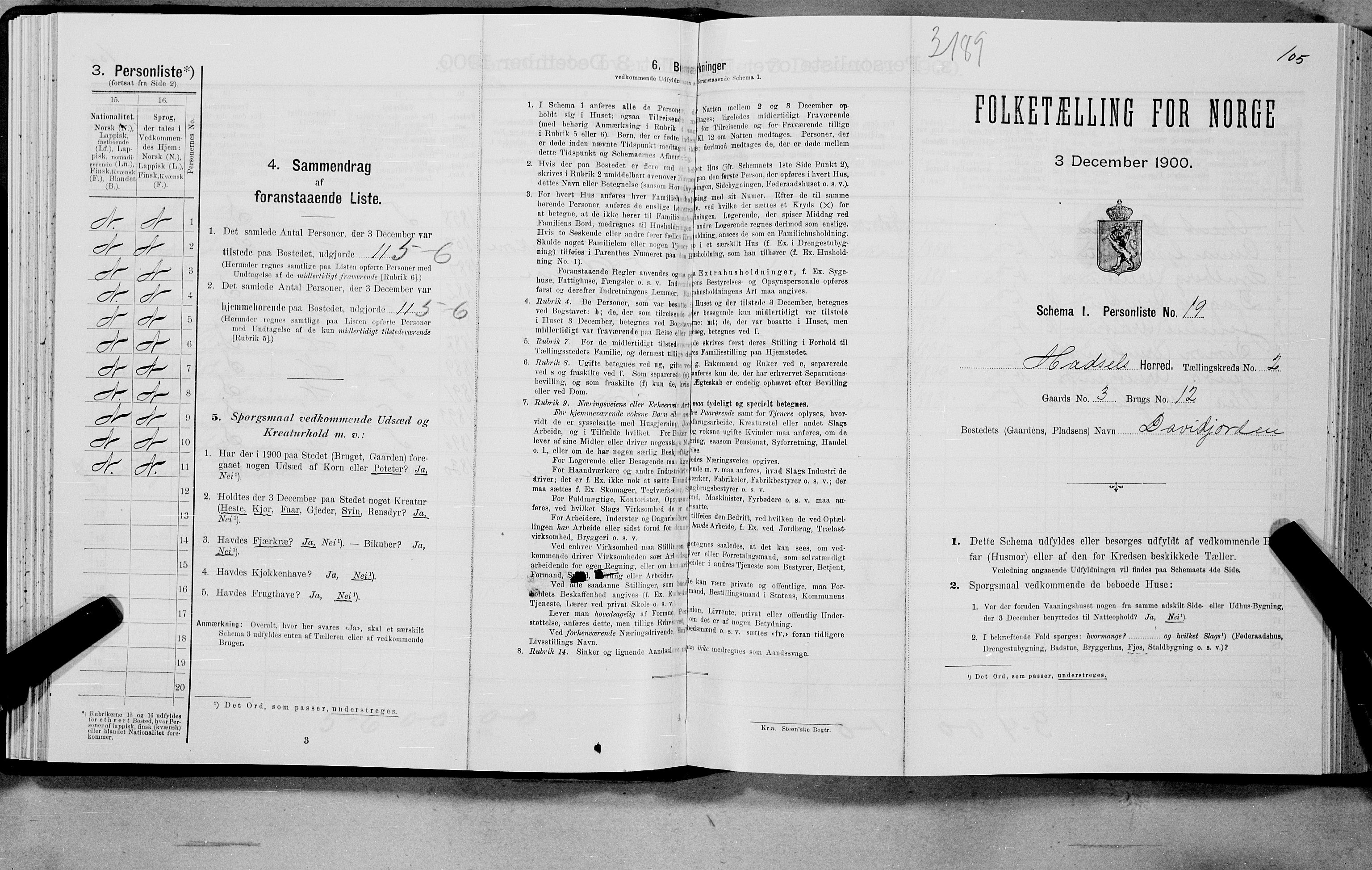 SAT, 1900 census for Hadsel, 1900, p. 151
