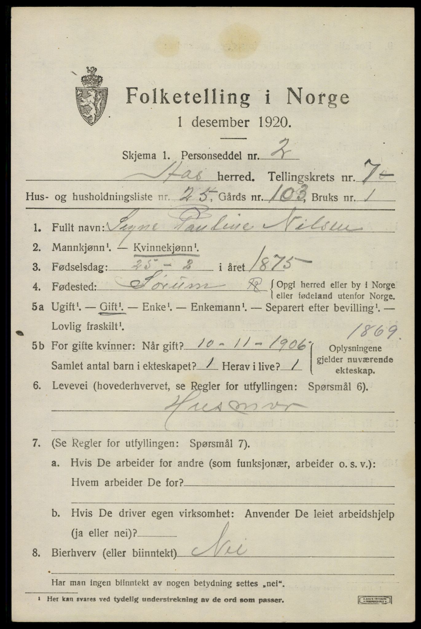 SAO, 1920 census for Ås, 1920, p. 7992