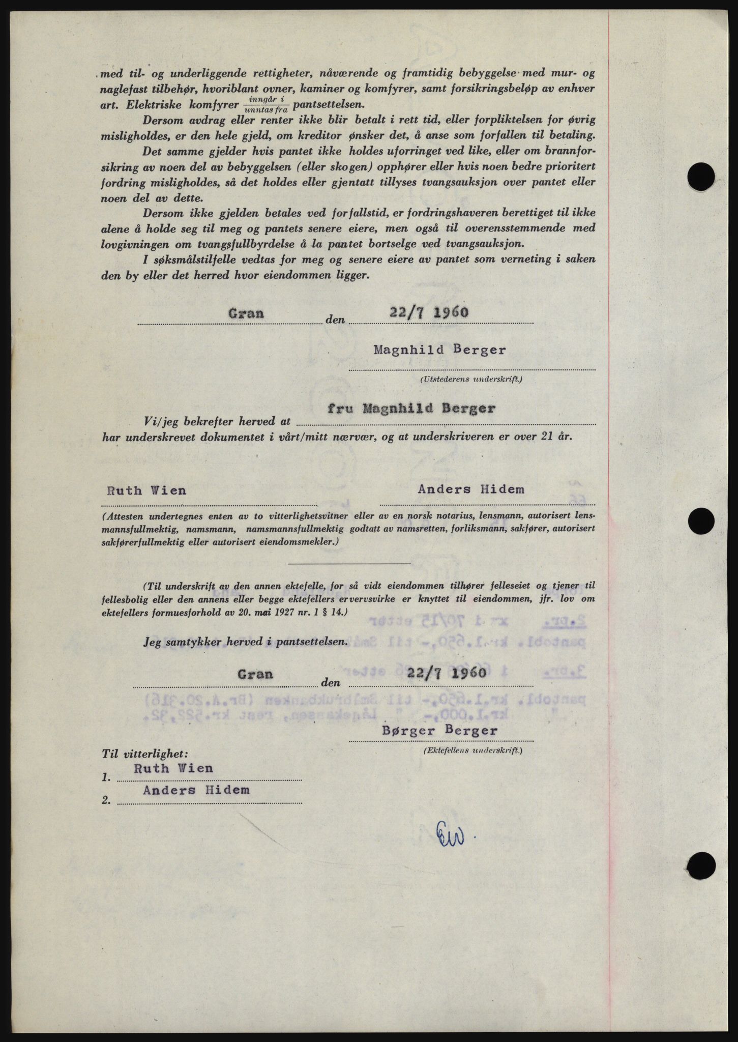 Hadeland og Land tingrett, SAH/TING-010/H/Hb/Hbc/L0043: Mortgage book no. B43, 1960-1960, Diary no: : 2698/1960