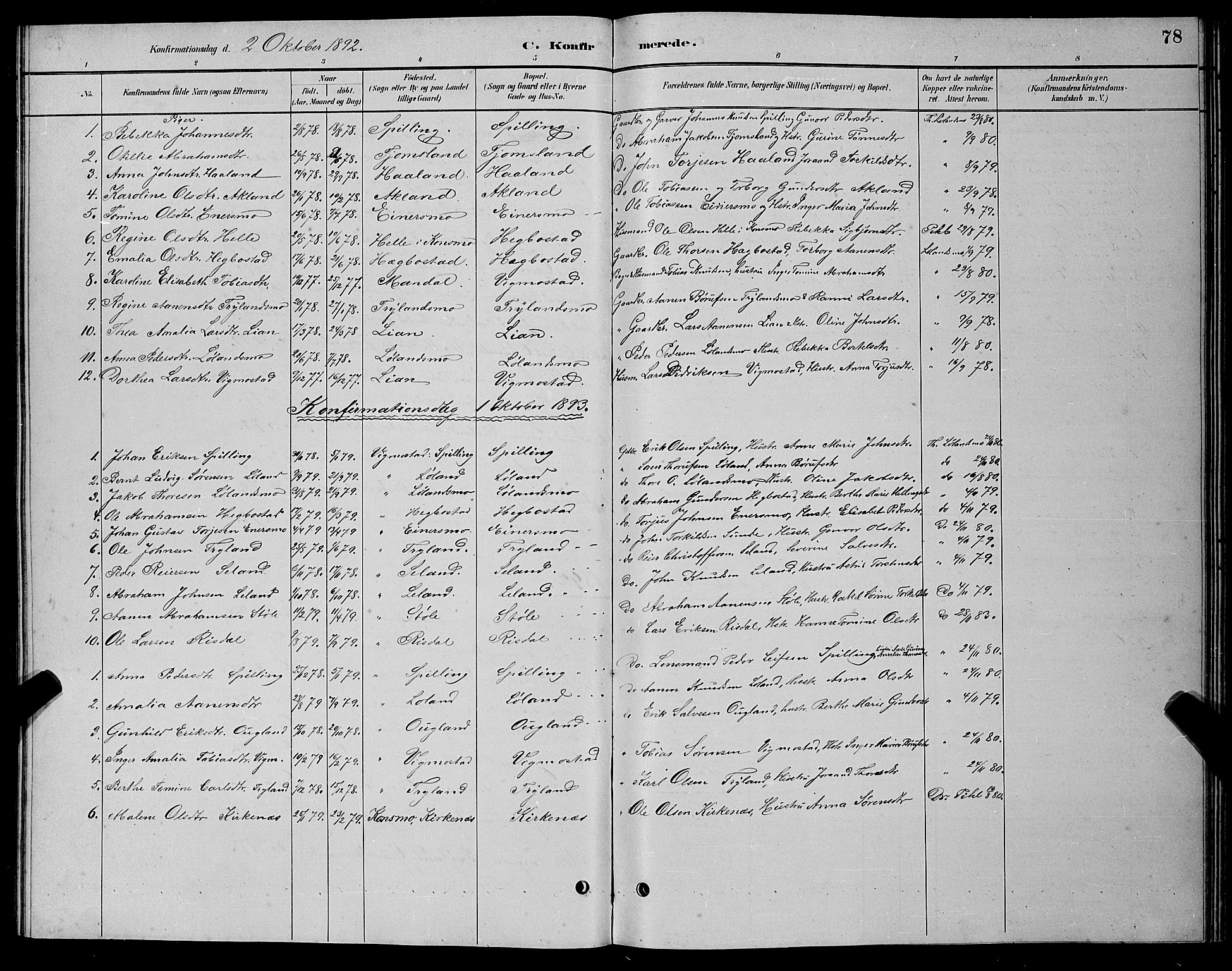 Nord-Audnedal sokneprestkontor, AV/SAK-1111-0032/F/Fb/Fbb/L0003: Parish register (copy) no. B 3, 1882-1900, p. 78